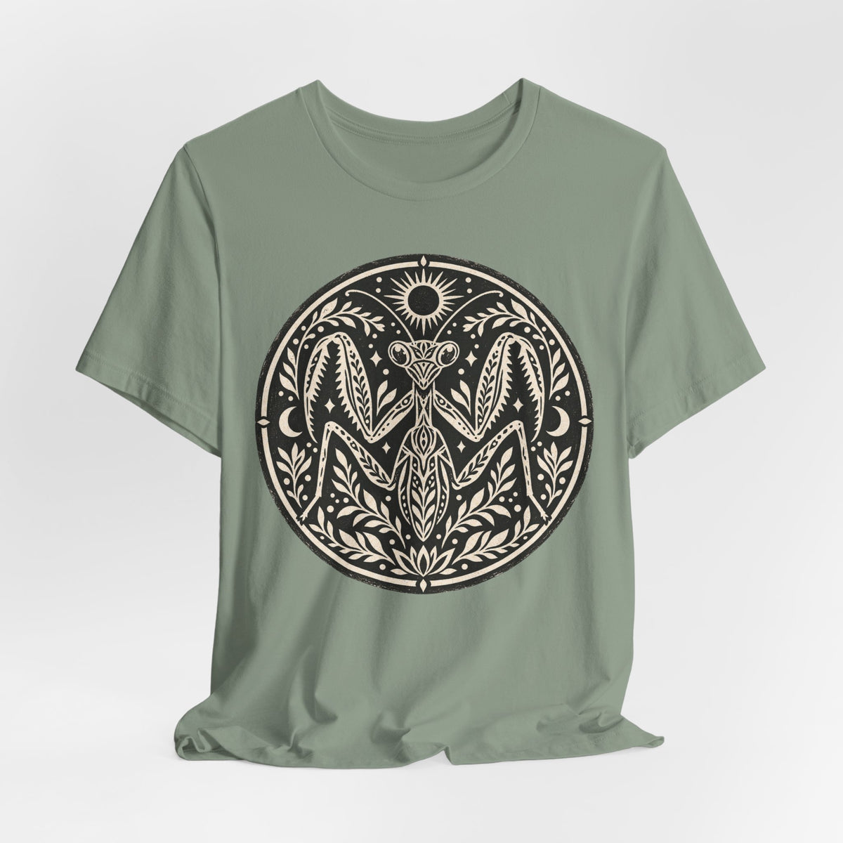 Celestial Praying Mantis T-Shirt in Black Heather - witchy celestial moon praying mantis bug graphic tee, Barely Outdoorsy