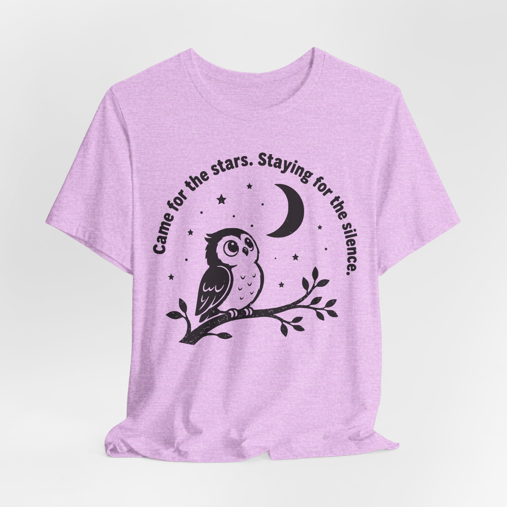 Came For The Stars Staying For The Silence T-Shirt in White detail - owl moonlit branch crescent moon close-up graphic