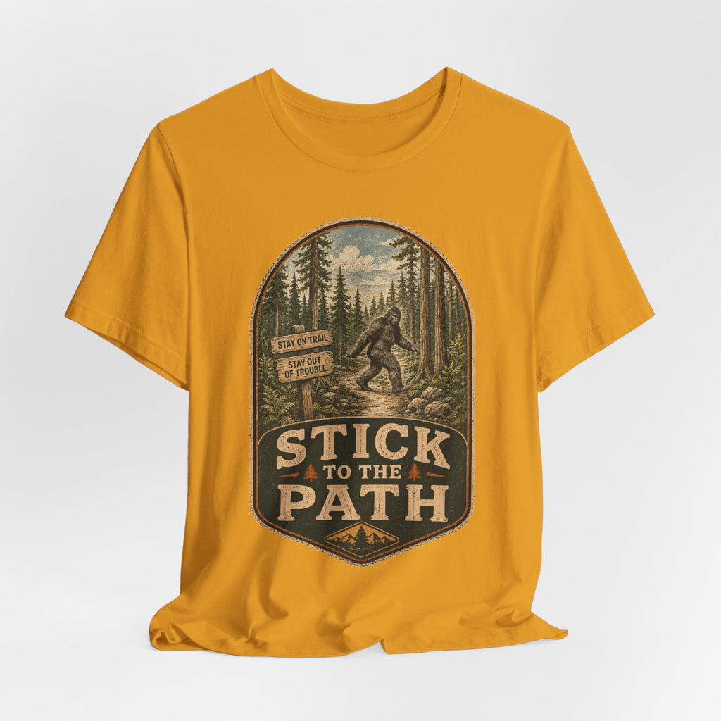Stick To The Path Bigfoot T-Shirt in Heather Peach - funny Bigfoot trail humor graphic tee, Barely Outdoorsy