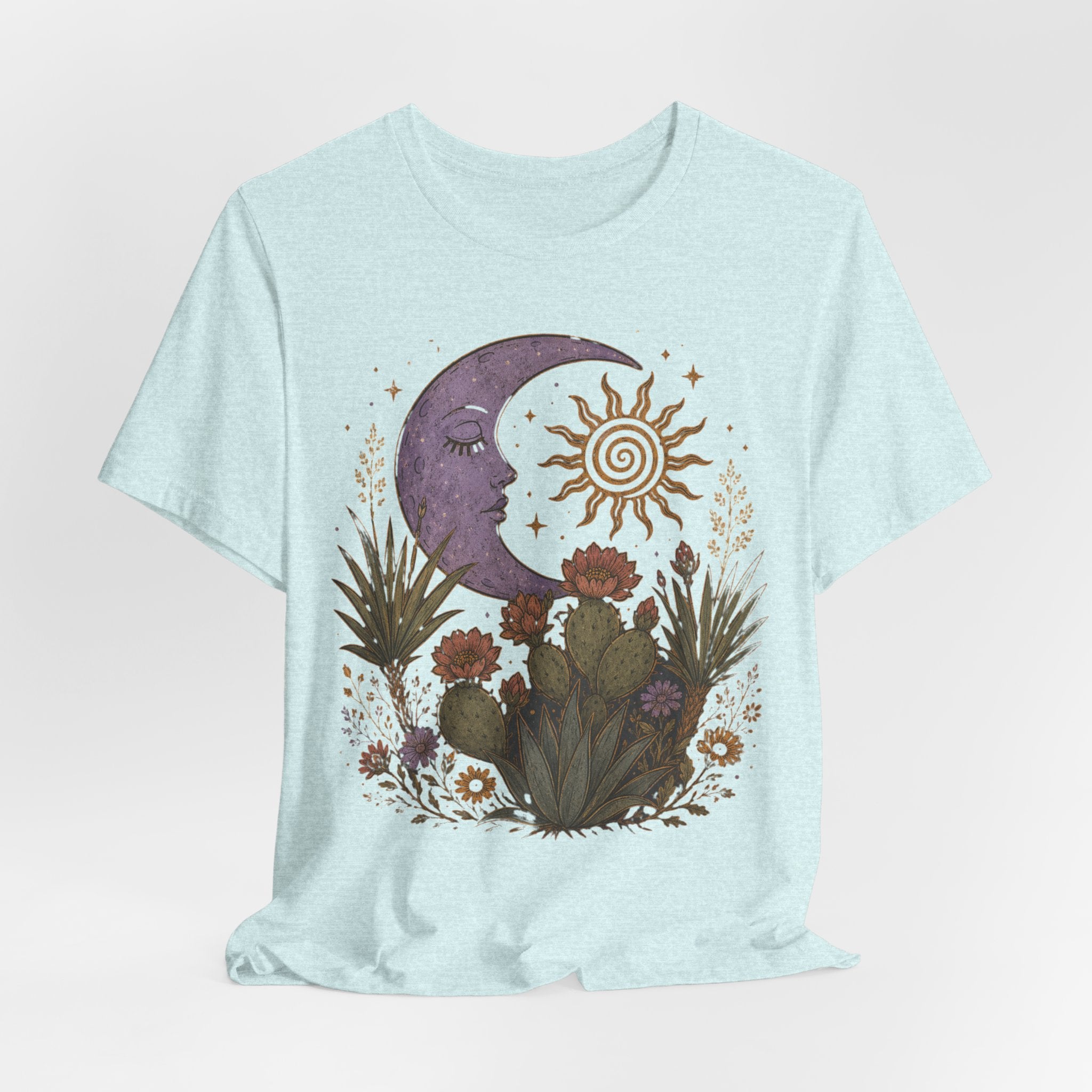Desert Moon and Sun Botanical Tee in White - celestial moon sun desert wildflower shirt, Barely Outdoorsy Bella Canvas 3001
