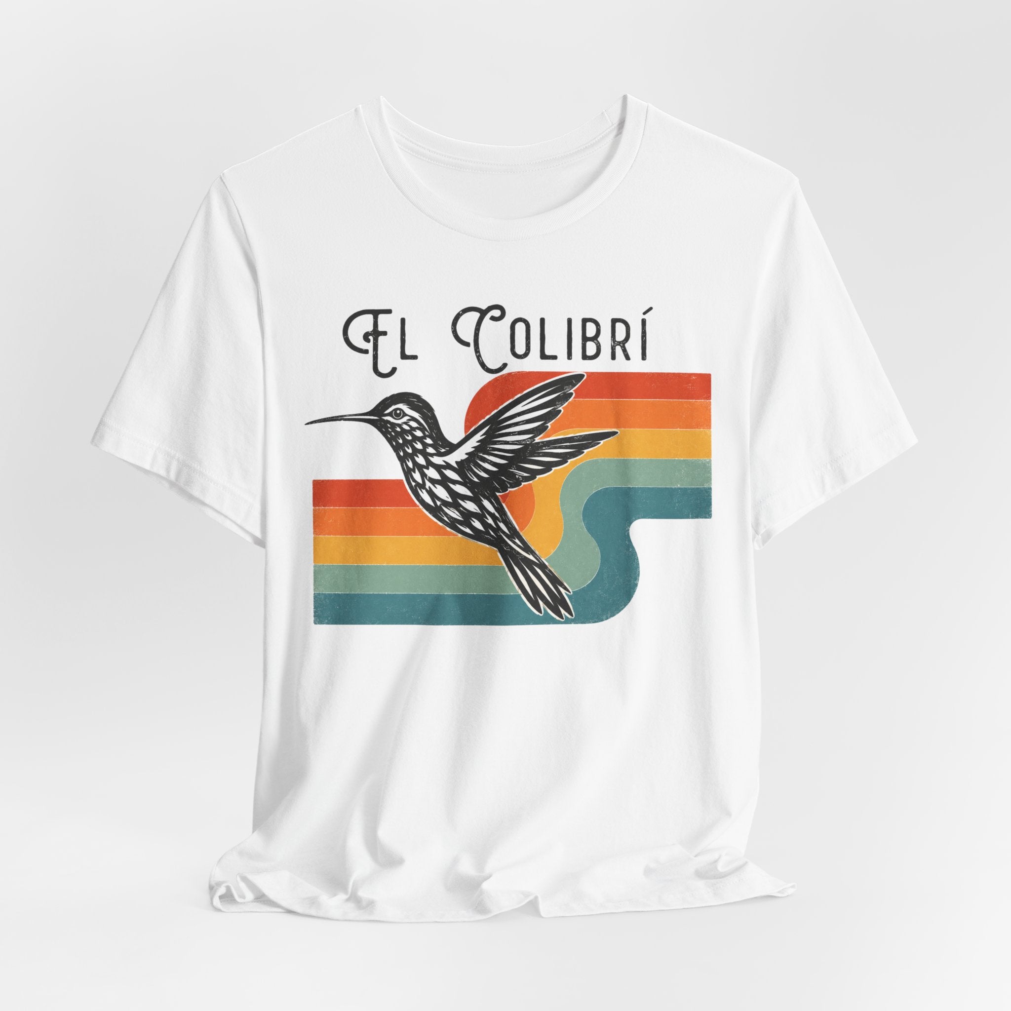 El Colibri hummingbird retro rainbow stripe t-shirt natural graphic tee BarelyOutdoorsy