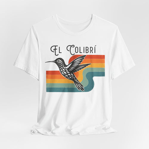 El Colibri hummingbird retro rainbow stripe t-shirt natural graphic tee BarelyOutdoorsy