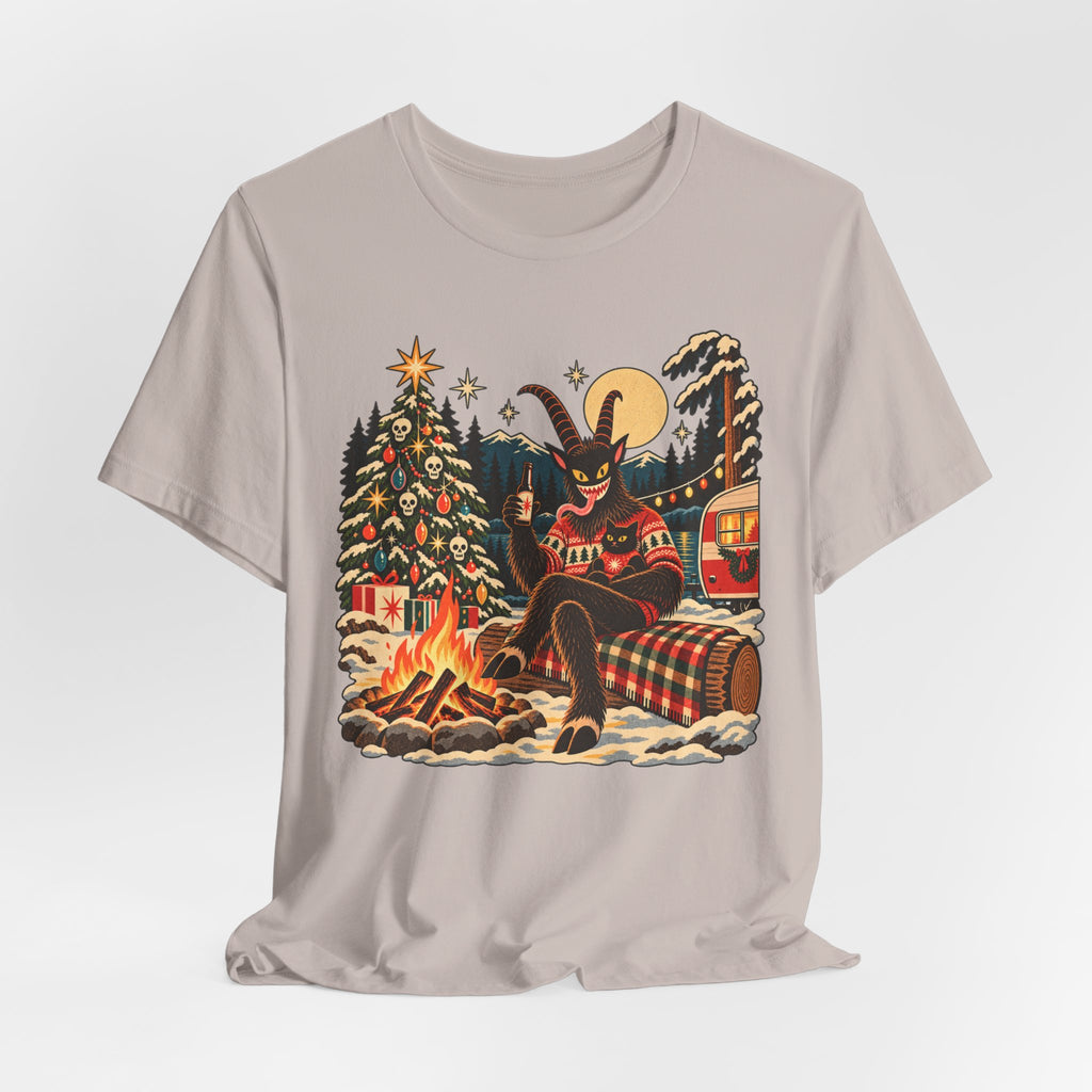 Krampus Campfire Christmas T-Shirt in Heather Raspberry - funny dark Krampus campfire Christmas holiday graphic tee, Barely Outdoorsy