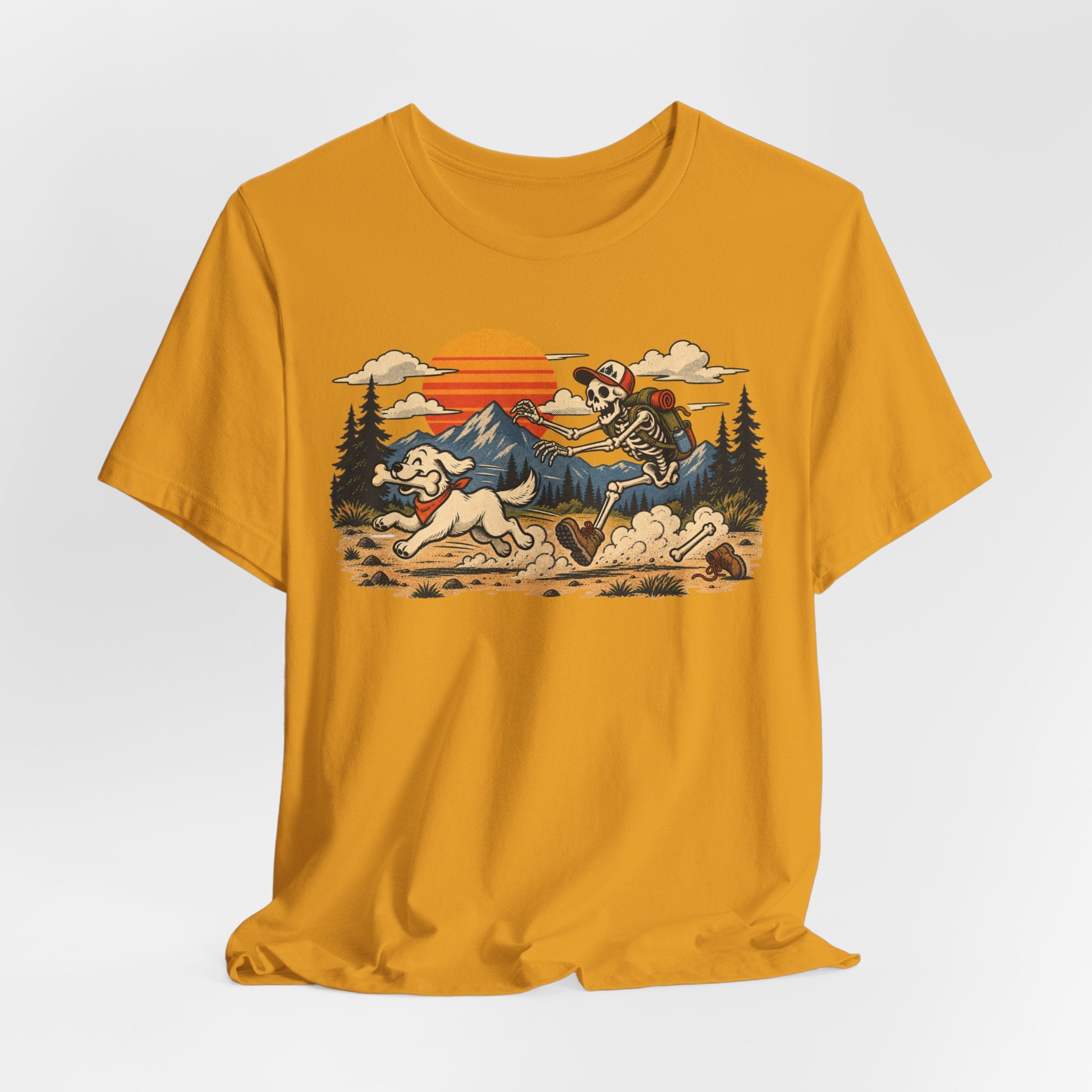 Skeleton Hiker Playing Fetch Tee in Black detail - skeleton hiker dog fetch close-up graphic
