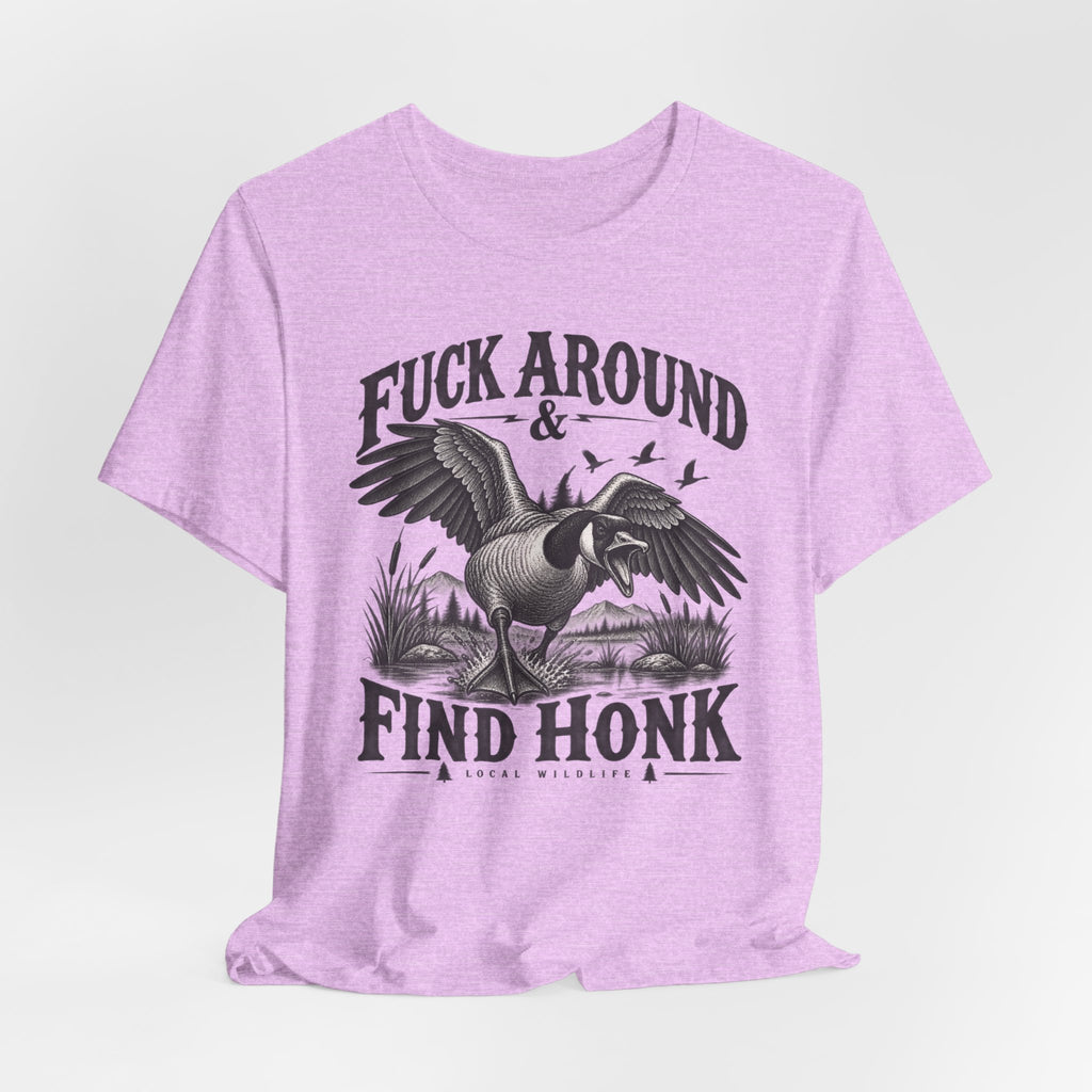 Fuck Around and Find Honk Goose Tee in Heather True Royal detail - funny goose warning honk close-up graphic
