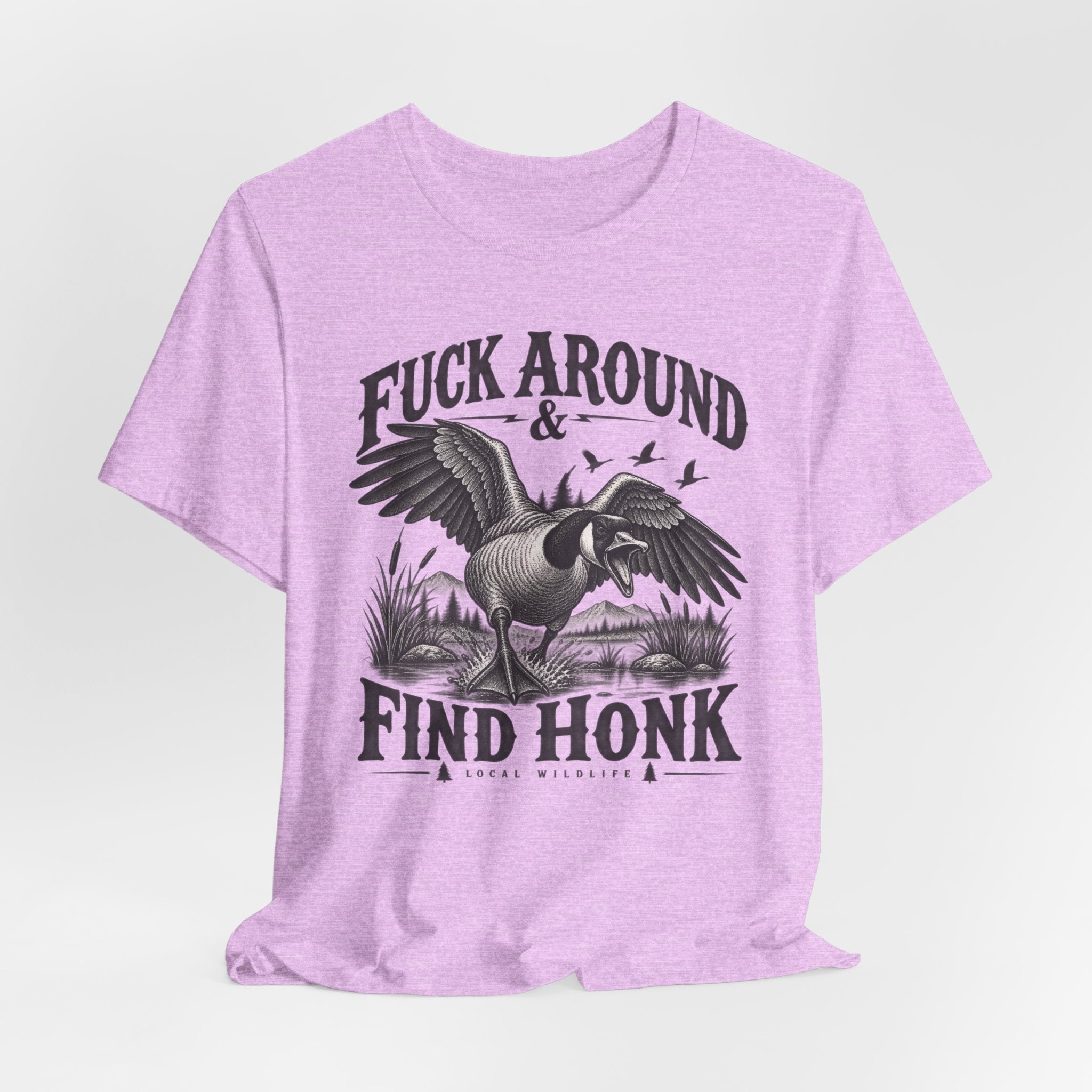 Fuck Around and Find Honk Goose Tee in Heather True Royal detail - funny goose warning honk close-up graphic