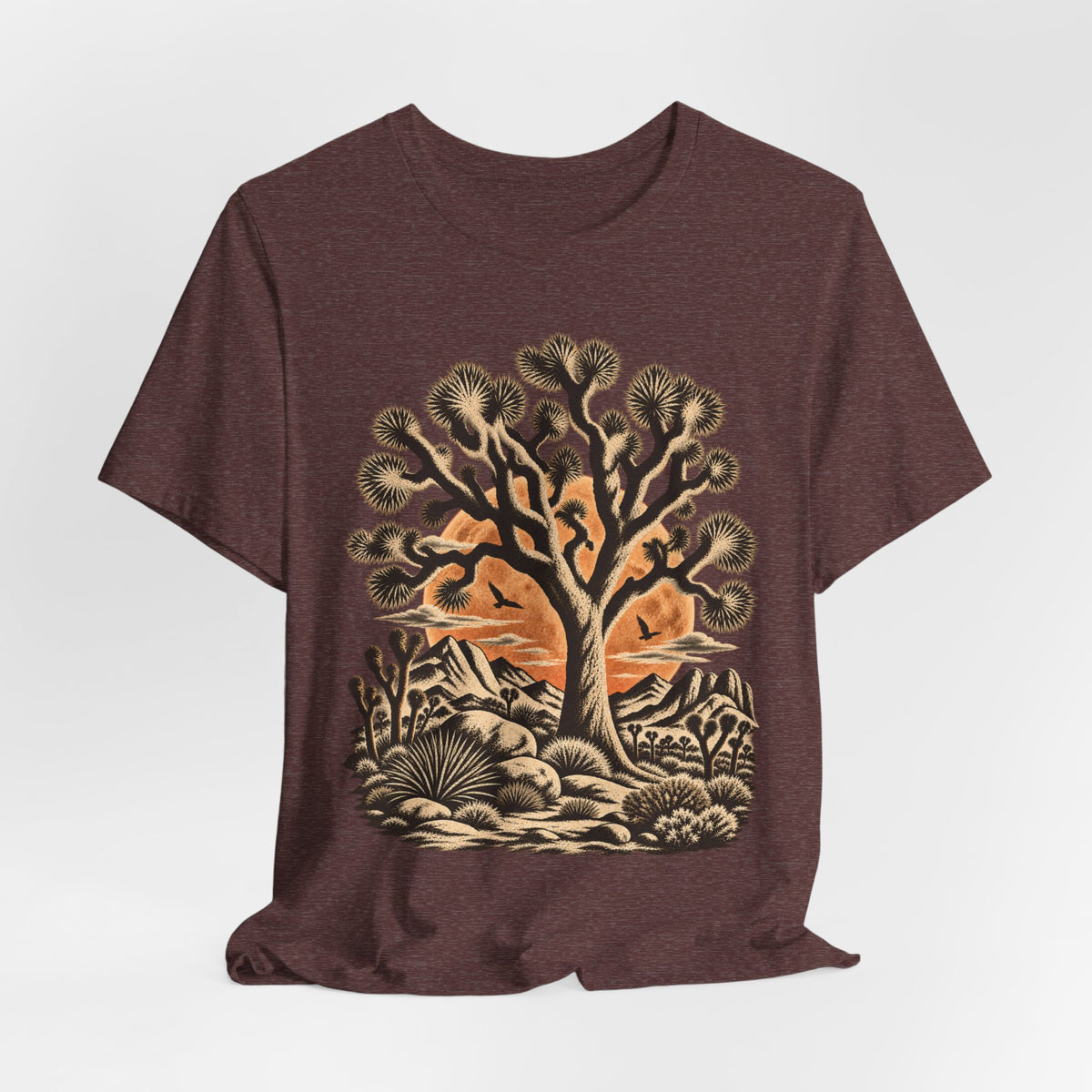 Joshua Tree Desert Sunset Tee in Heather Purple - Joshua tree desert sunset graphic tee, Barely Outdoorsy Bella Canvas