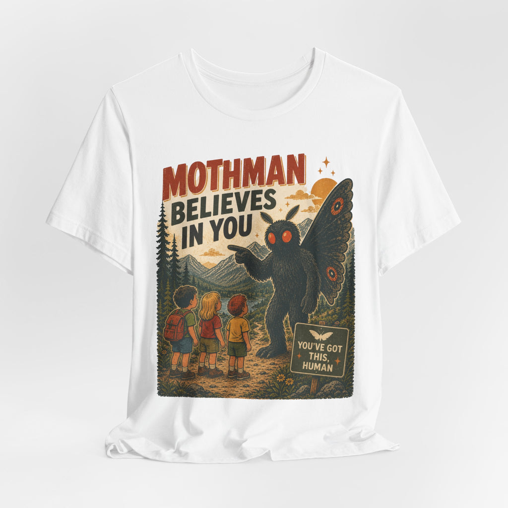 Mothman Believes In You T-Shirt in Black - funny Mothman encouragement cryptid graphic tee, Barely Outdoorsy Bella Canvas 3001