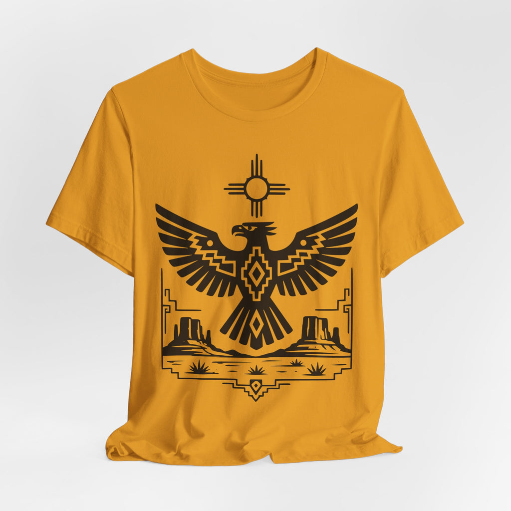 Thunderbird Zia Sun Desert Tee flat lay Athletic Heather - unisex crew neck Thunderbird Zia graphic tee, Barely Outdoorsy