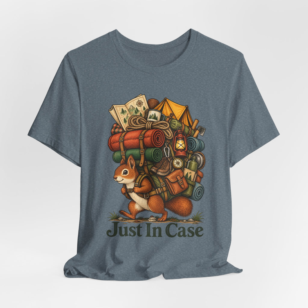 Just In Case Overpacked Squirrel T-Shirt in Heather Stone - funny overpacked squirrel graphic tee, Barely Outdoorsy Bella Canvas