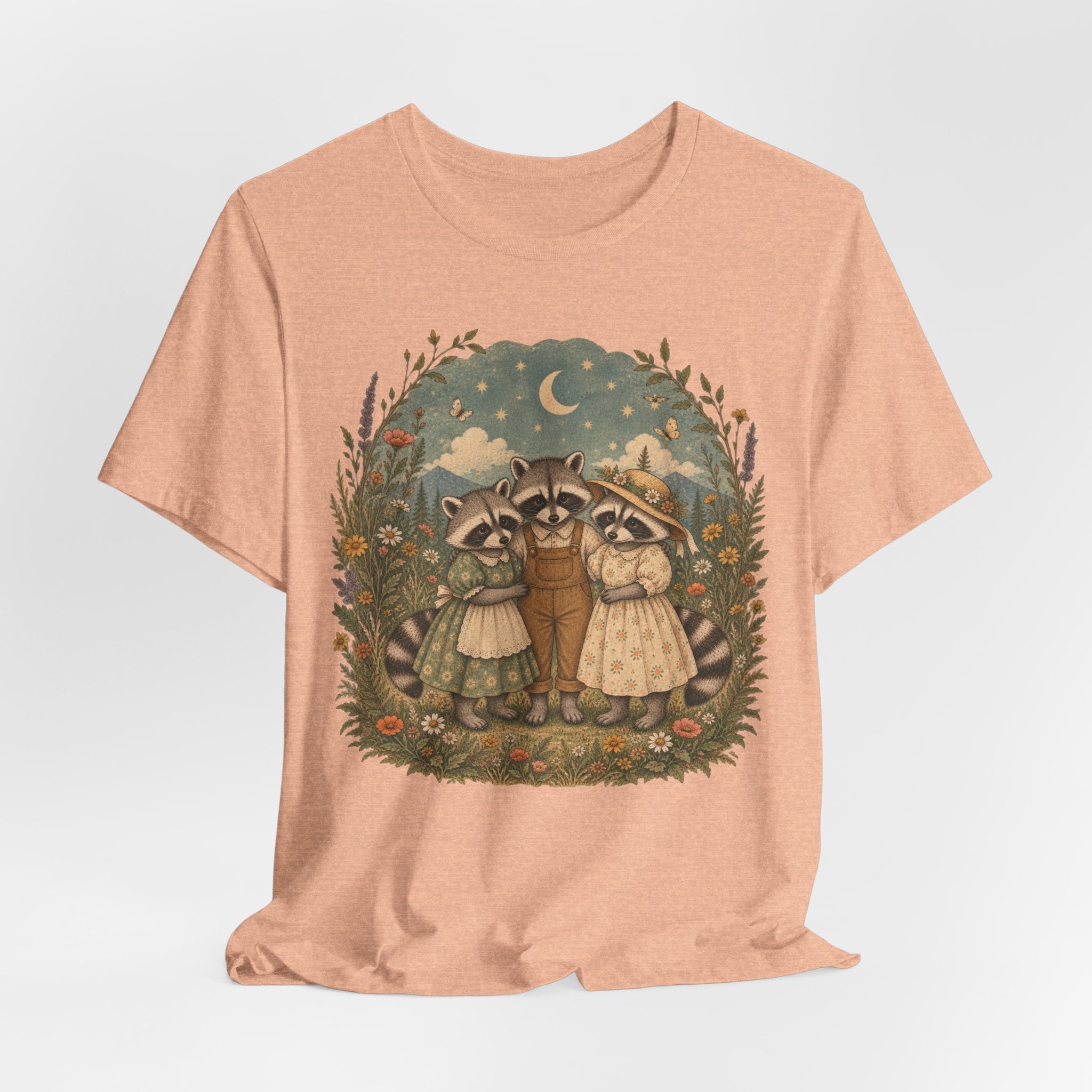 Cottagecore Raccoon Family Wildflower T-Shirt in Dark Grey Heather - cottagecore raccoon family wildflower graphic tee, Barely Outdoorsy Bella Canvas 3001