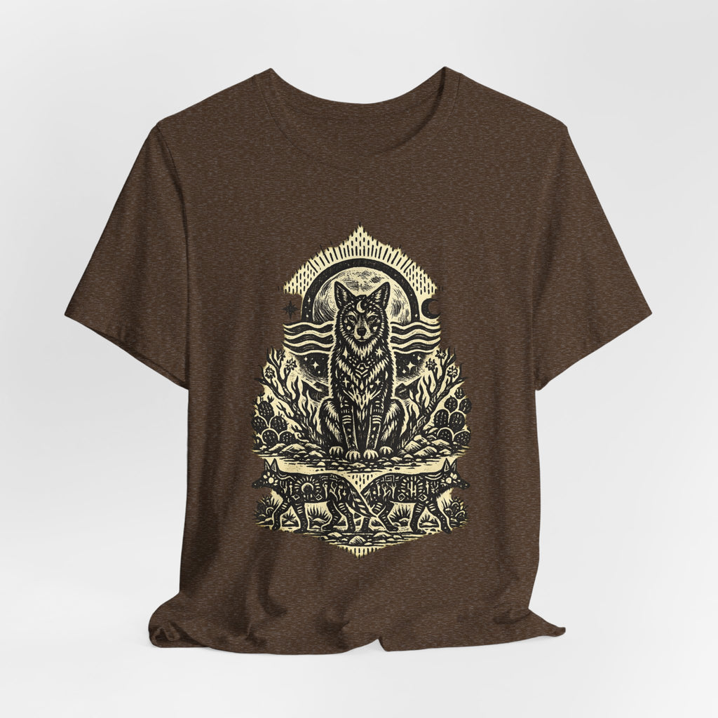 Moonlit Coyote Linocut T-Shirt in Heather Stone - Southwest linocut moonlit coyote woodcut graphic tee, Barely Outdoorsy