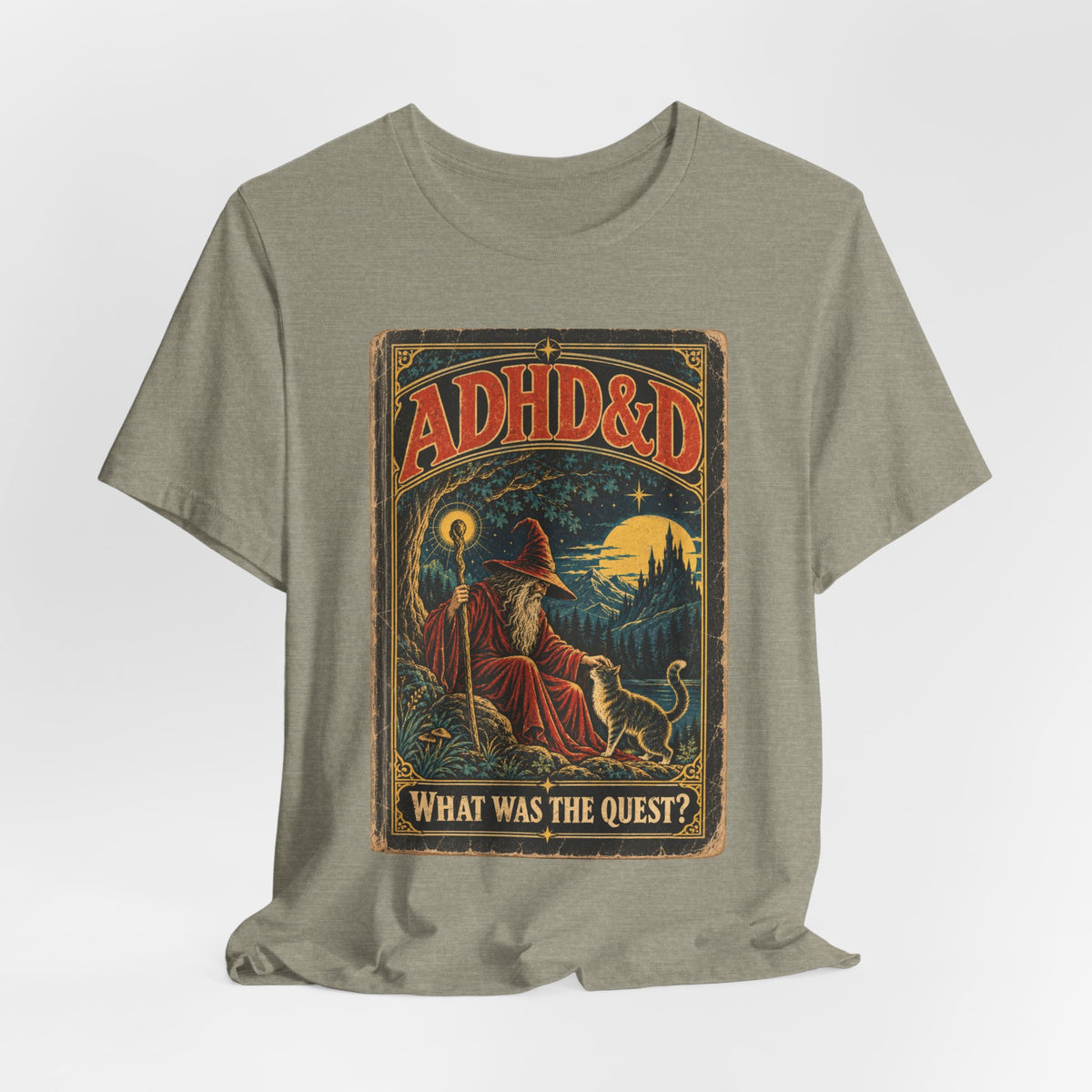 ADHD&D What Was the Quest T-Shirt in Dark Grey Heather - funny ADHD neurodivergent D&D RPG parody graphic tee, Barely Outdoorsy Bella Canvas 3001