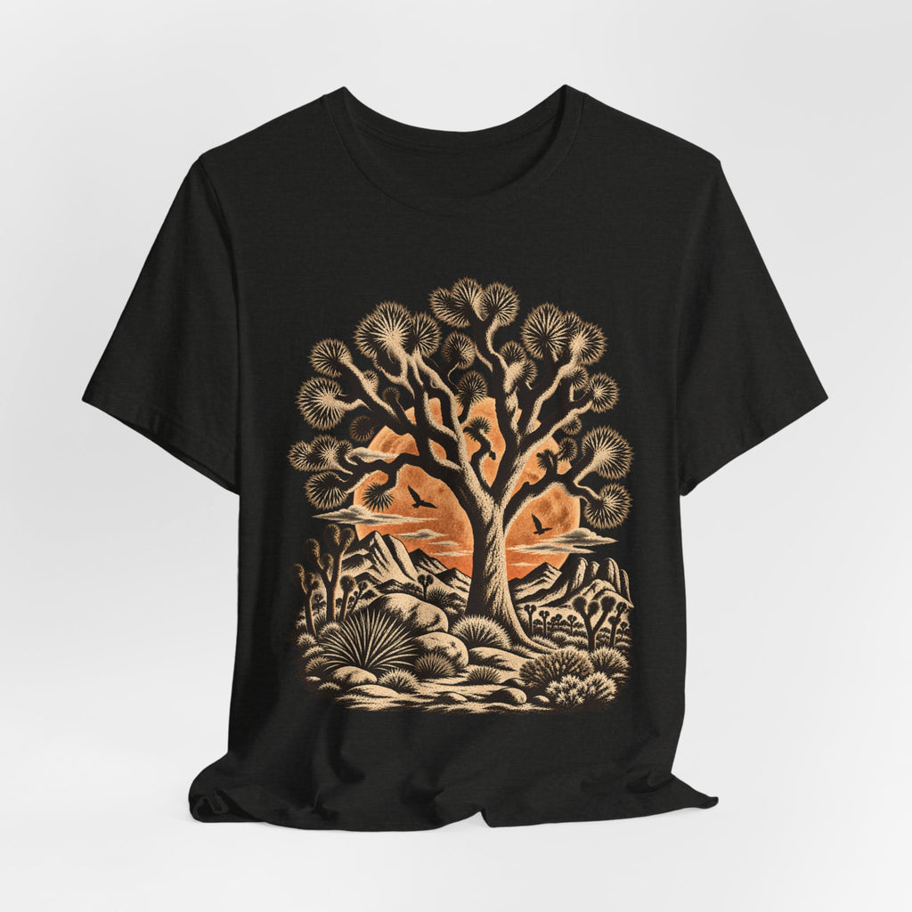 Joshua Tree Desert Sunset Tee in Heather Dusty Blue - Joshua tree desert sunset shirt, Barely Outdoorsy Bella Canvas 3001
