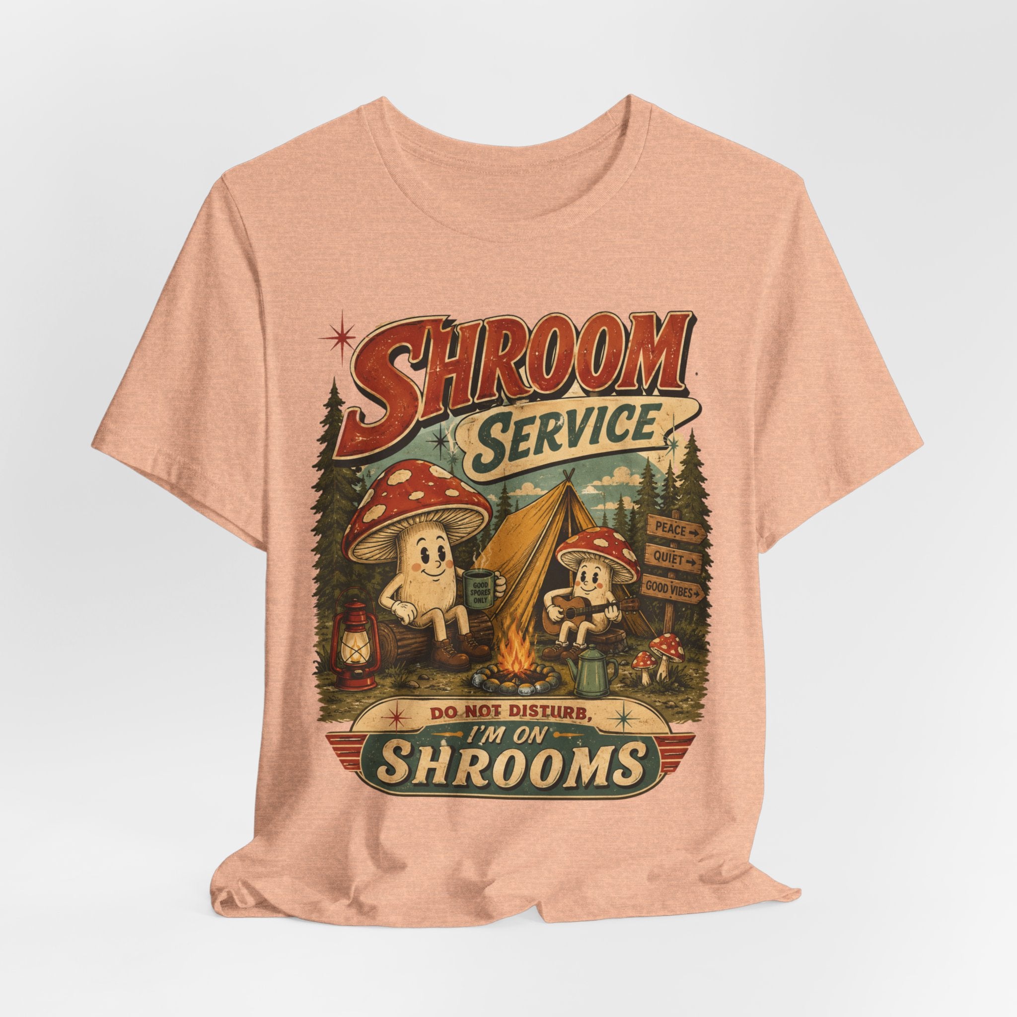 Shroom Service Tee in Brown - funny mushroom campfire cartoon shirt, Barely Outdoorsy Bella Canvas