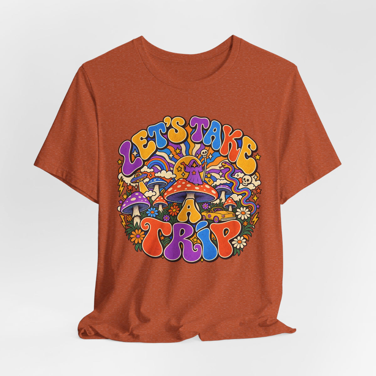 Let's Take a Trip Retro Tee in Heather Purple - retro psychedelic toadstool road trip shirt, Barely Outdoorsy Bella Canvas