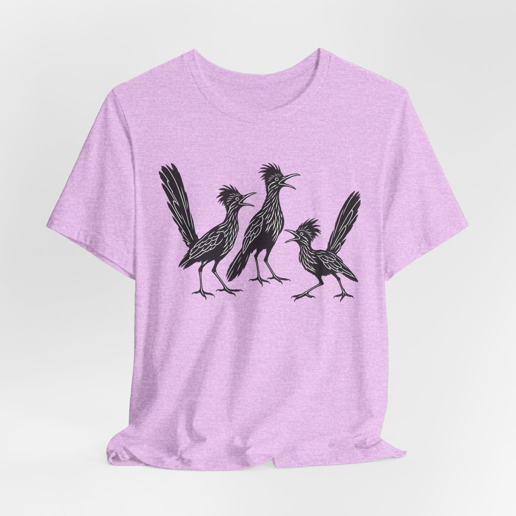 Roadrunner Gossip Tee in White detail - funny roadrunner gossip close-up graphic, Barely Outdoorsy Bella Canvas 3001