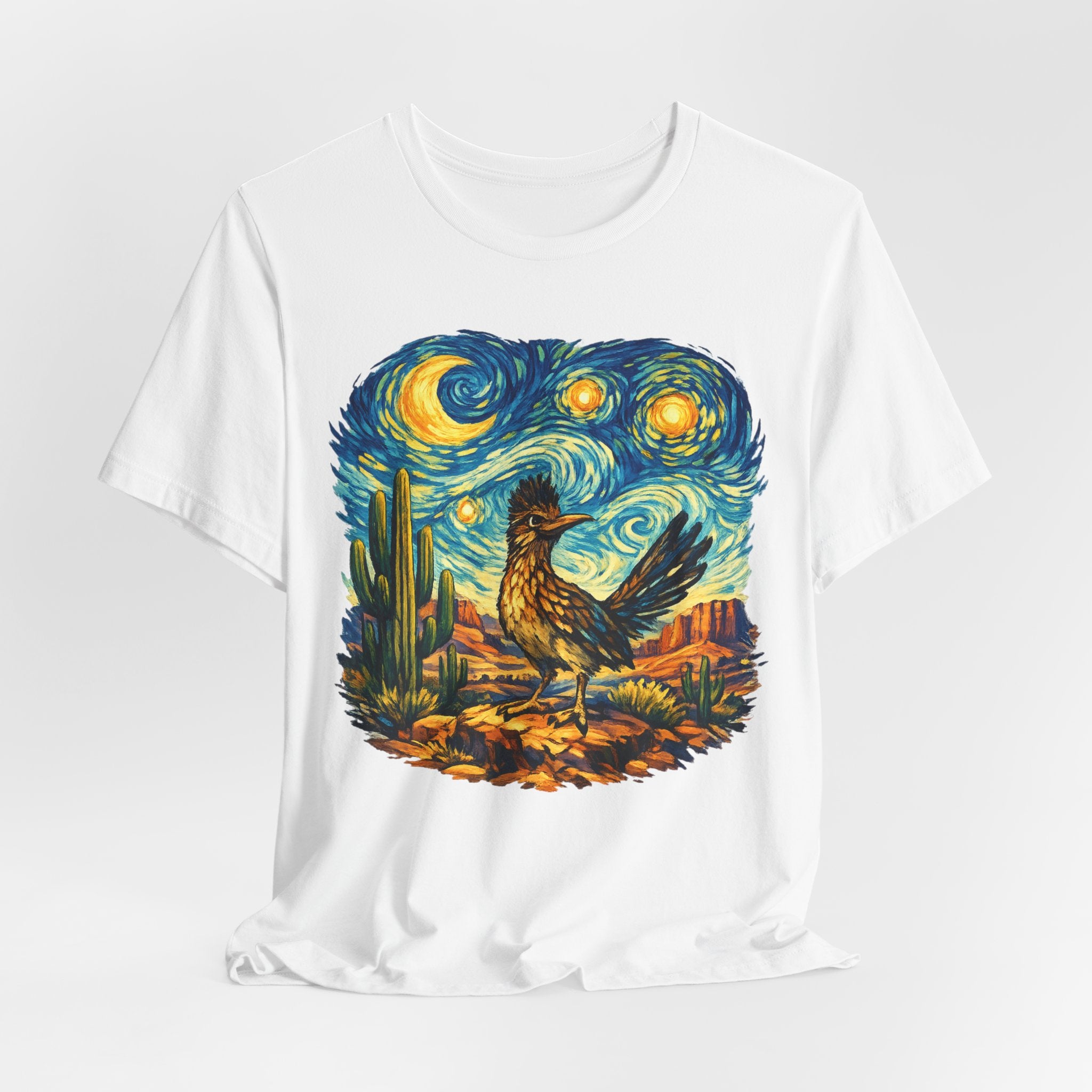 Starry Night Roadrunner T-Shirt in Maroon - Van Gogh style roadrunner saguaro mesa graphic tee, Barely Outdoorsy Bella Canvas
