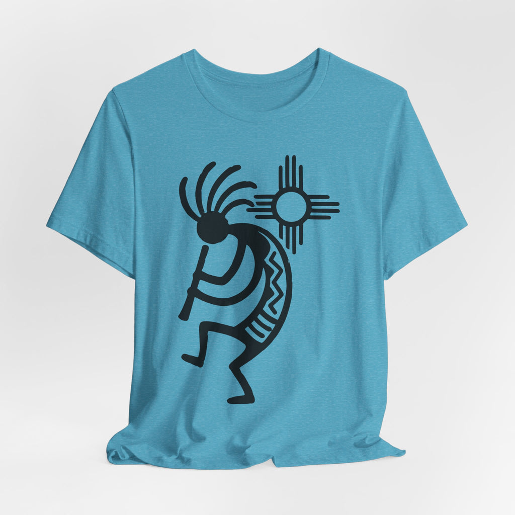 Kokopelli Zia Sun Tee flat lay Athletic Heather - unisex crew neck Southwest design shirt