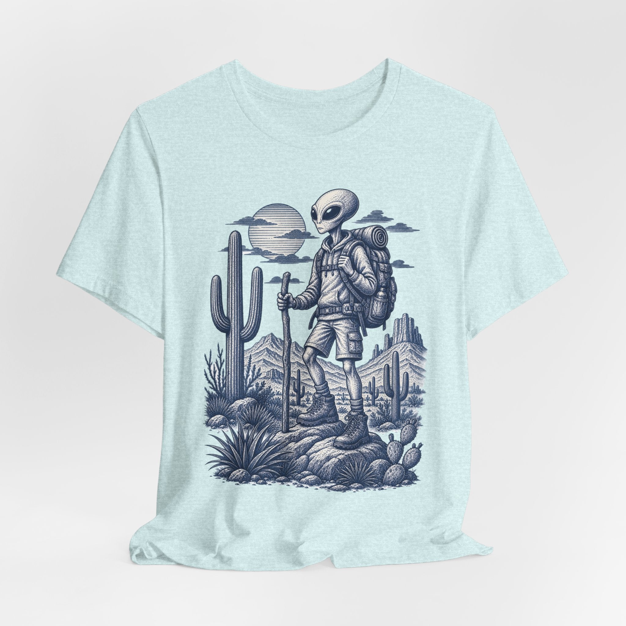 Alien Hiker Desert Backpacking T-Shirt in Mauve - funny alien hiking desert graphic tee, Barely Outdoorsy