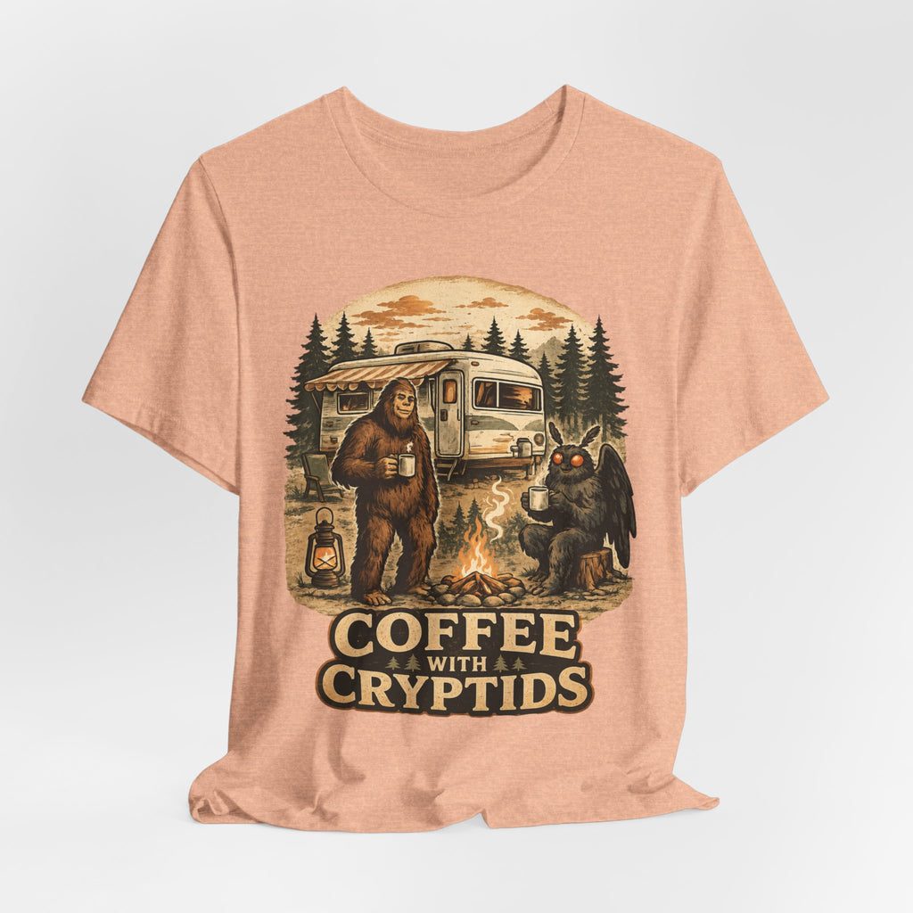 Coffee With Cryptids T-Shirt in Dark Grey Heather - Bigfoot Mothman UFO Chupacabra campfire coffee graphic tee, Barely Outdoorsy Bella Canvas 3001