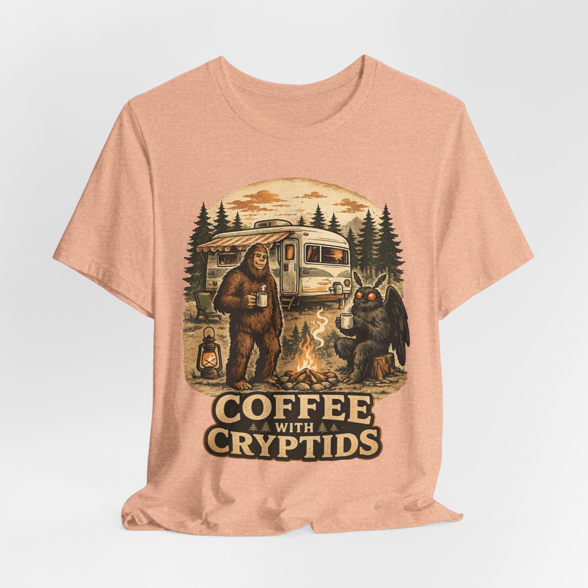 Coffee With Cryptids T-Shirt in Dark Grey Heather - Bigfoot Mothman UFO Chupacabra campfire coffee graphic tee, Barely Outdoorsy Bella Canvas 3001