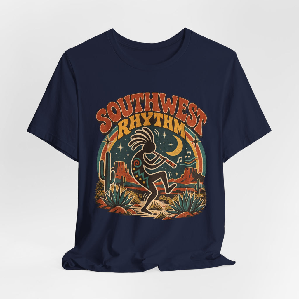 Southwest Rhythm Kokopelli T-Shirt in Navy detail - retro Kokopelli Southwest close-up graphic
