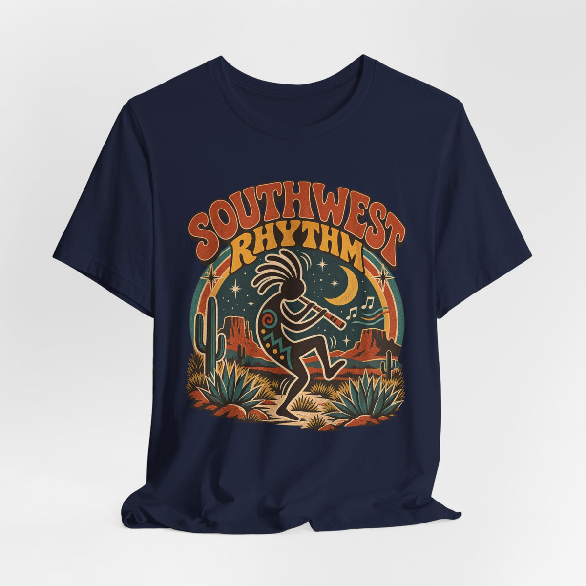 Southwest Rhythm Kokopelli T-Shirt in Navy detail - retro Kokopelli Southwest close-up graphic
