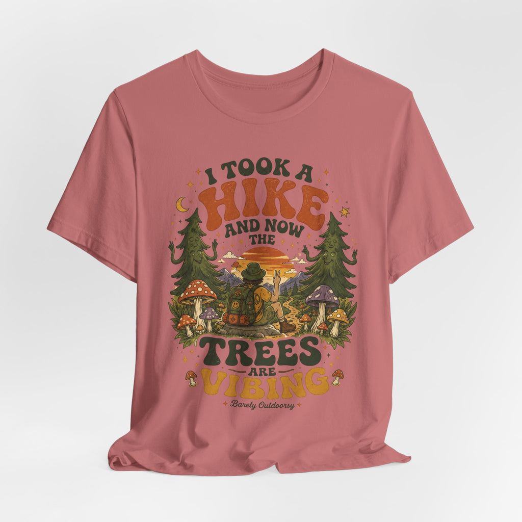 Trees Are Vibing tee flat lay unisex Bella Canvas 3001 BarelyOutdoorsy