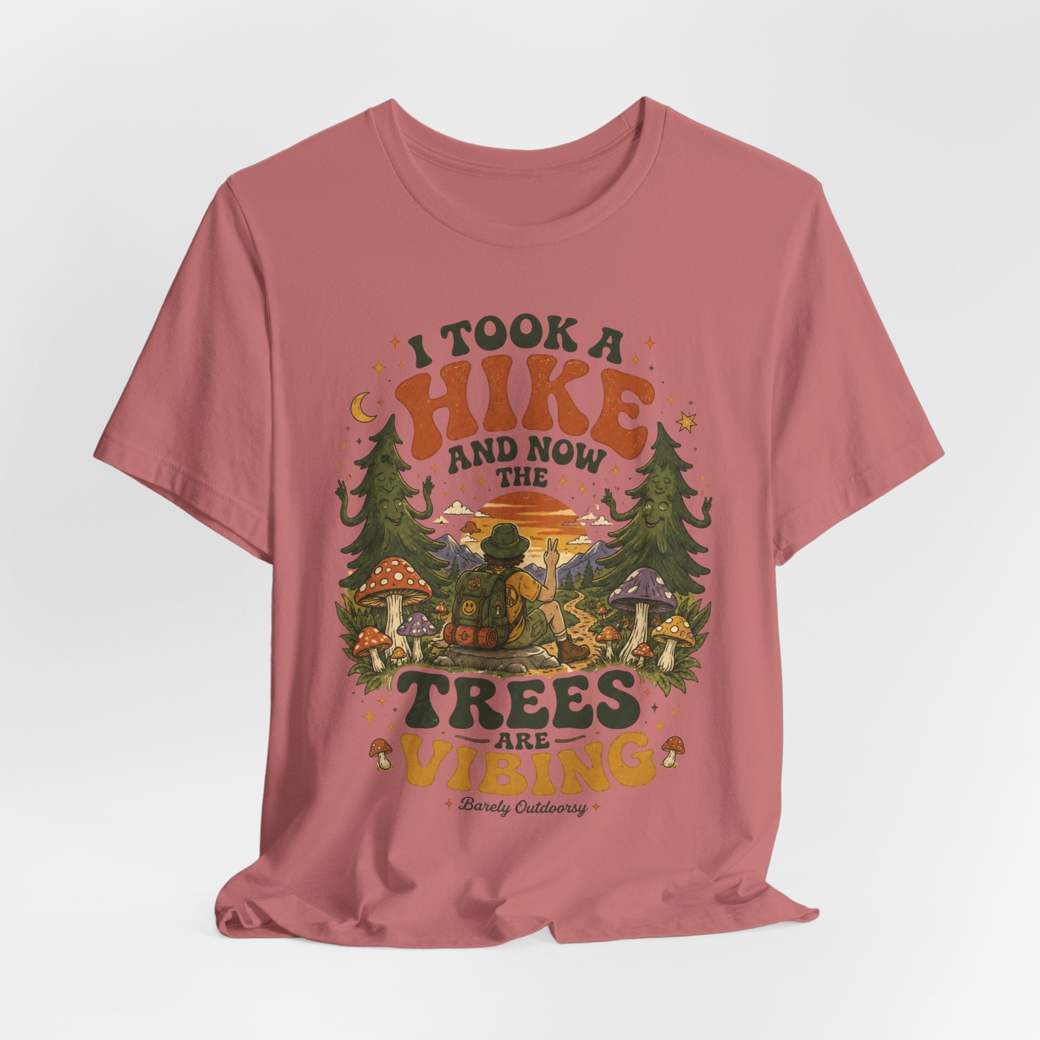 Trees Are Vibing tee flat lay unisex Bella Canvas 3001 BarelyOutdoorsy