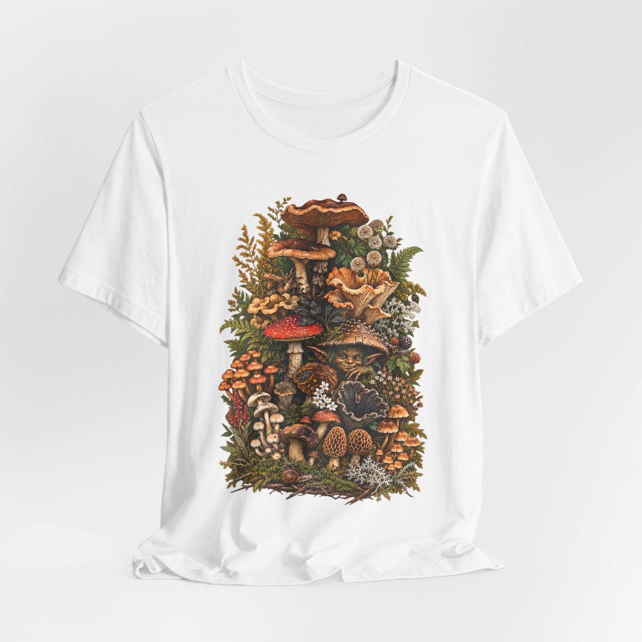 Mushroom Goblin Botanical Forager Tee in Mauve - funny goblin mushroom botanical shirt, Barely Outdoorsy Bella Canvas 3001