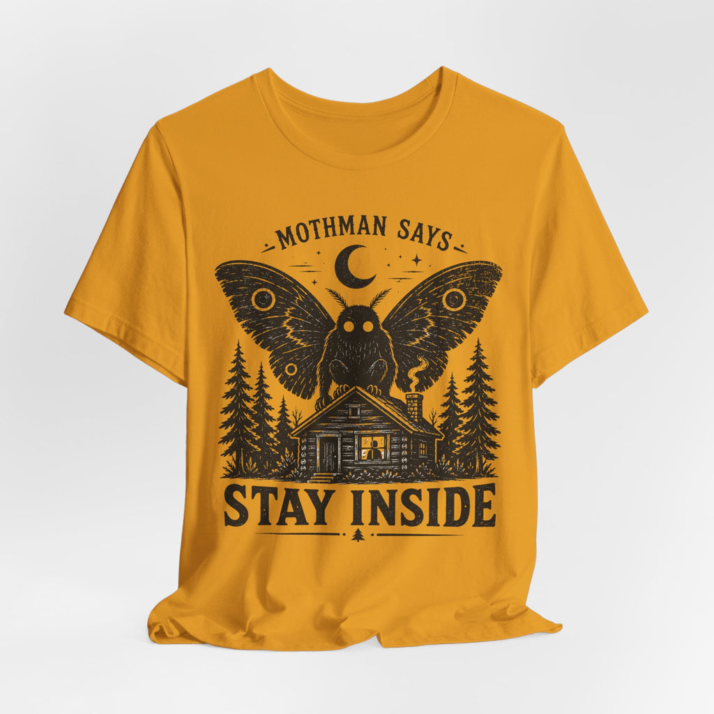 Mothman Says Stay Inside T-Shirt flat lay Athletic Heather - unisex crew neck Mothman cryptid graphic tee, Barely Outdoorsy
