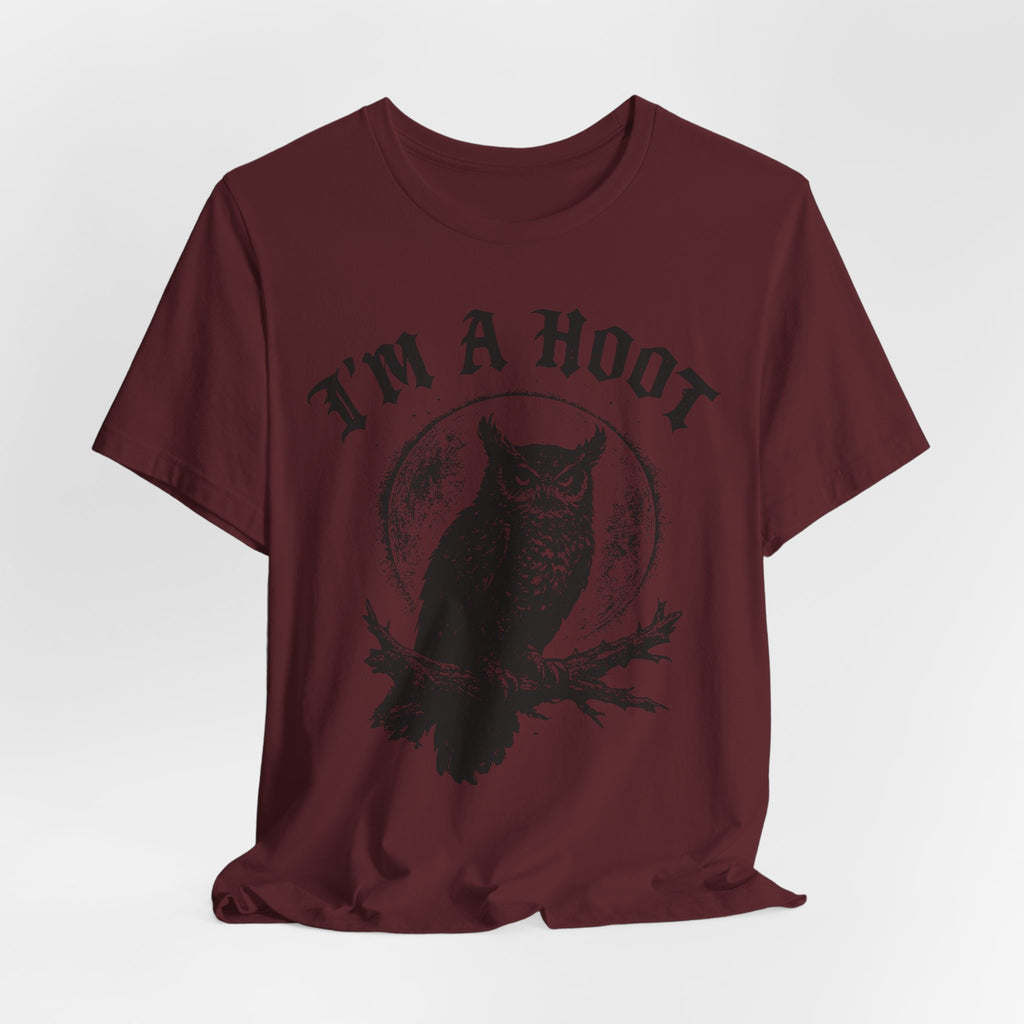 I'm A Hoot Owl Tee in Mauve - funny owl blackletter pun shirt, Barely Outdoorsy Bella Canvas