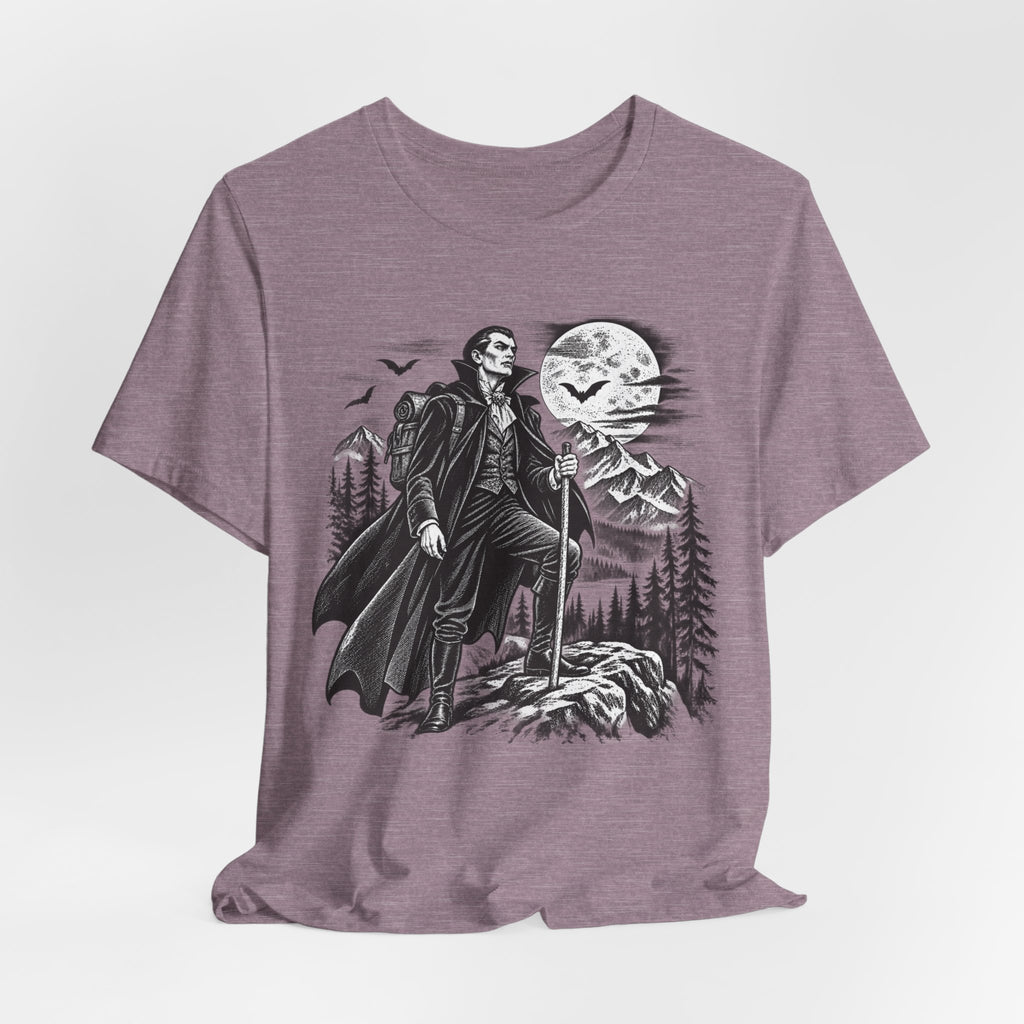 Vampire Night Hiker T-Shirt in Mustard - funny Halloween vampire hiking graphic tee, Barely Outdoorsy