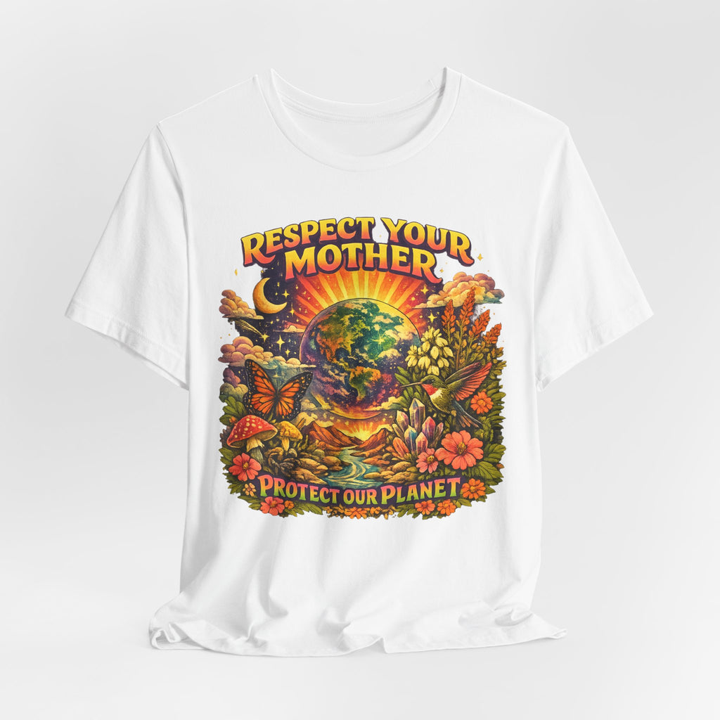 Respect Your Mother Protect Our Planet T-Shirt in Maroon - 70s Mother Earth sun rays mushroom graphic tee, Barely Outdoorsy Bella Canvas