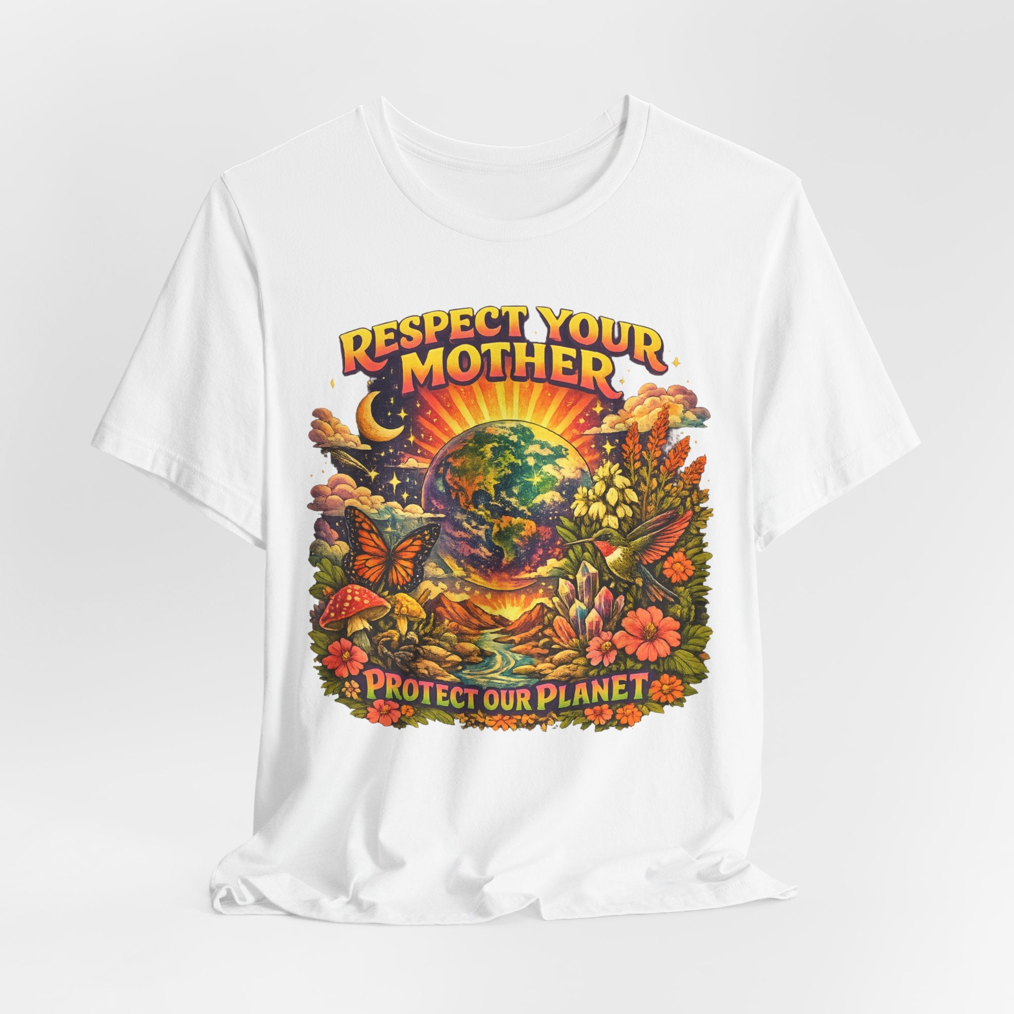Respect Your Mother Protect Our Planet T-Shirt in Maroon - 70s Mother Earth sun rays mushroom graphic tee, Barely Outdoorsy Bella Canvas