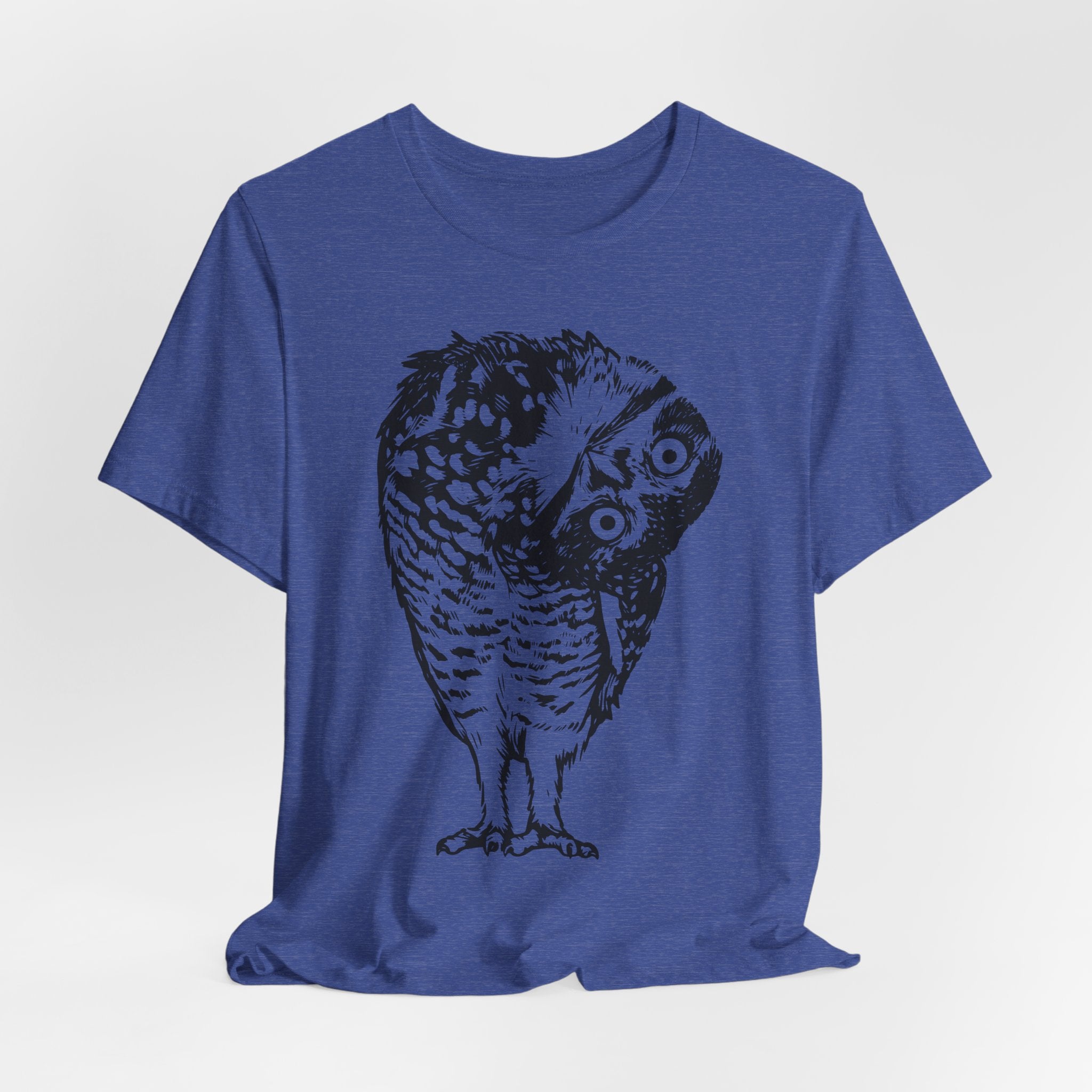 Flat lay of Barely Outdoorsy shocked owl tee, white unisex crew neck, Bella Canvas 3001