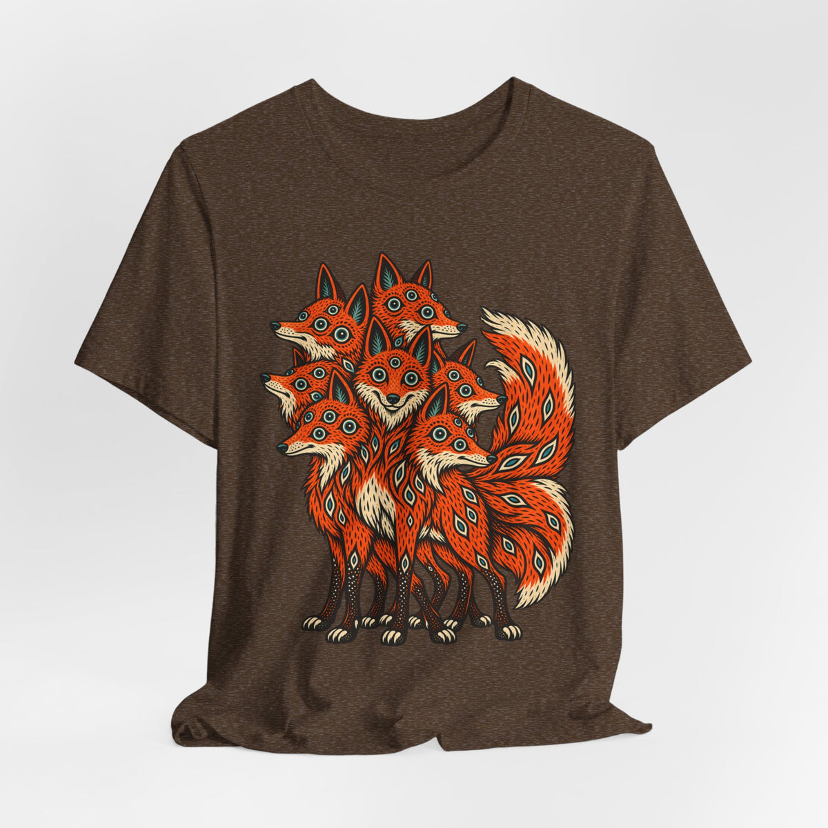 Many-Headed Folk Art Fox T-Shirt in Heather Stone - folk art mythic many-headed fox wildlife graphic tee, Barely Outdoorsy