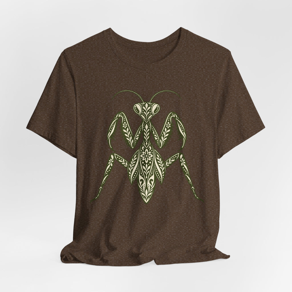 Ornamental Praying Mantis T-Shirt in Black Heather - goblincore ornamental folk art praying mantis insect graphic tee, Barely Outdoorsy