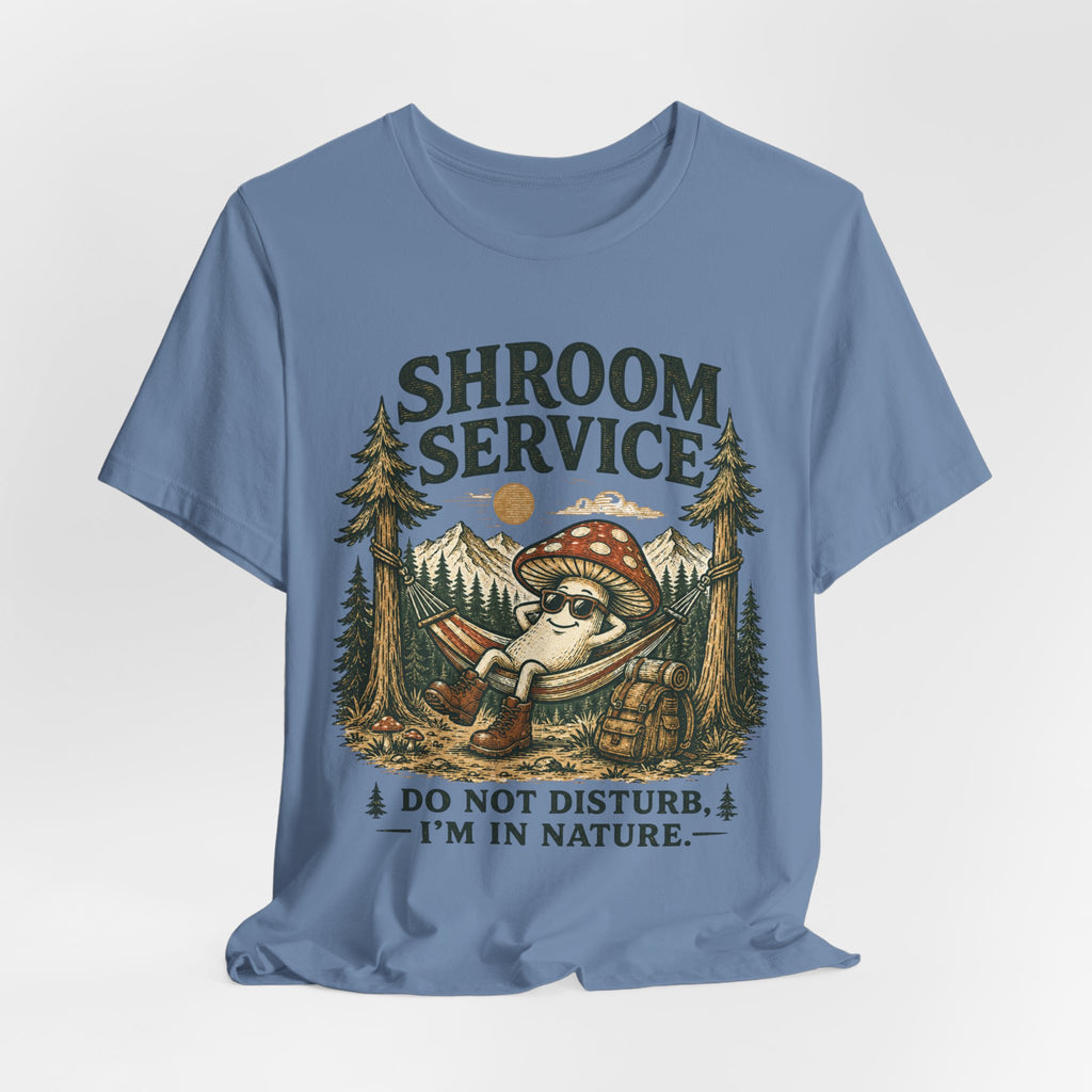 Shroom Service T-Shirt in Heather Purple - mushroom relaxing hammock camping graphic tee, Barely Outdoorsy