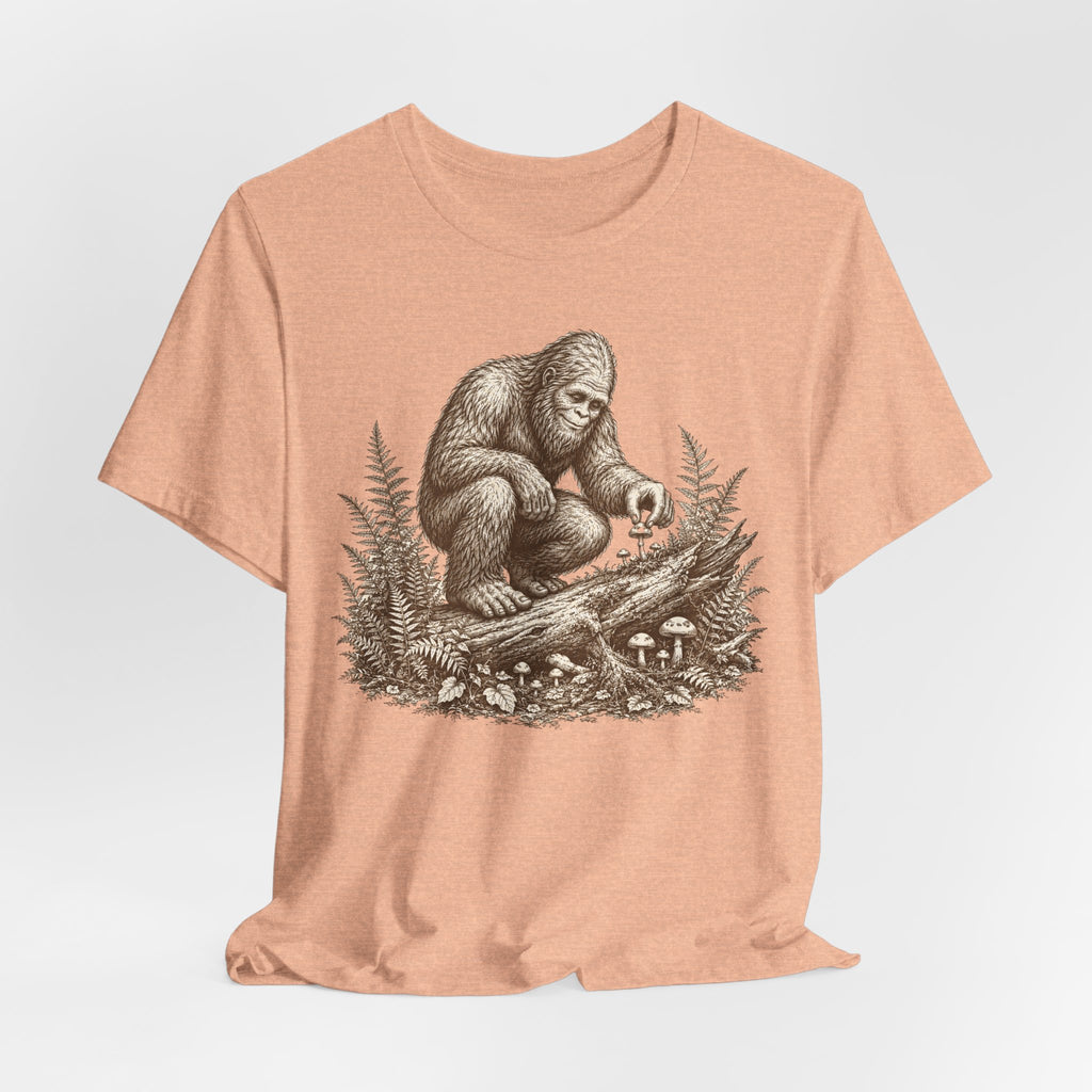 Bigfoot Mushroom Forager Tee in Brown - vintage Bigfoot mushroom forager illustration shirt, Barely Outdoorsy Bella Canvas