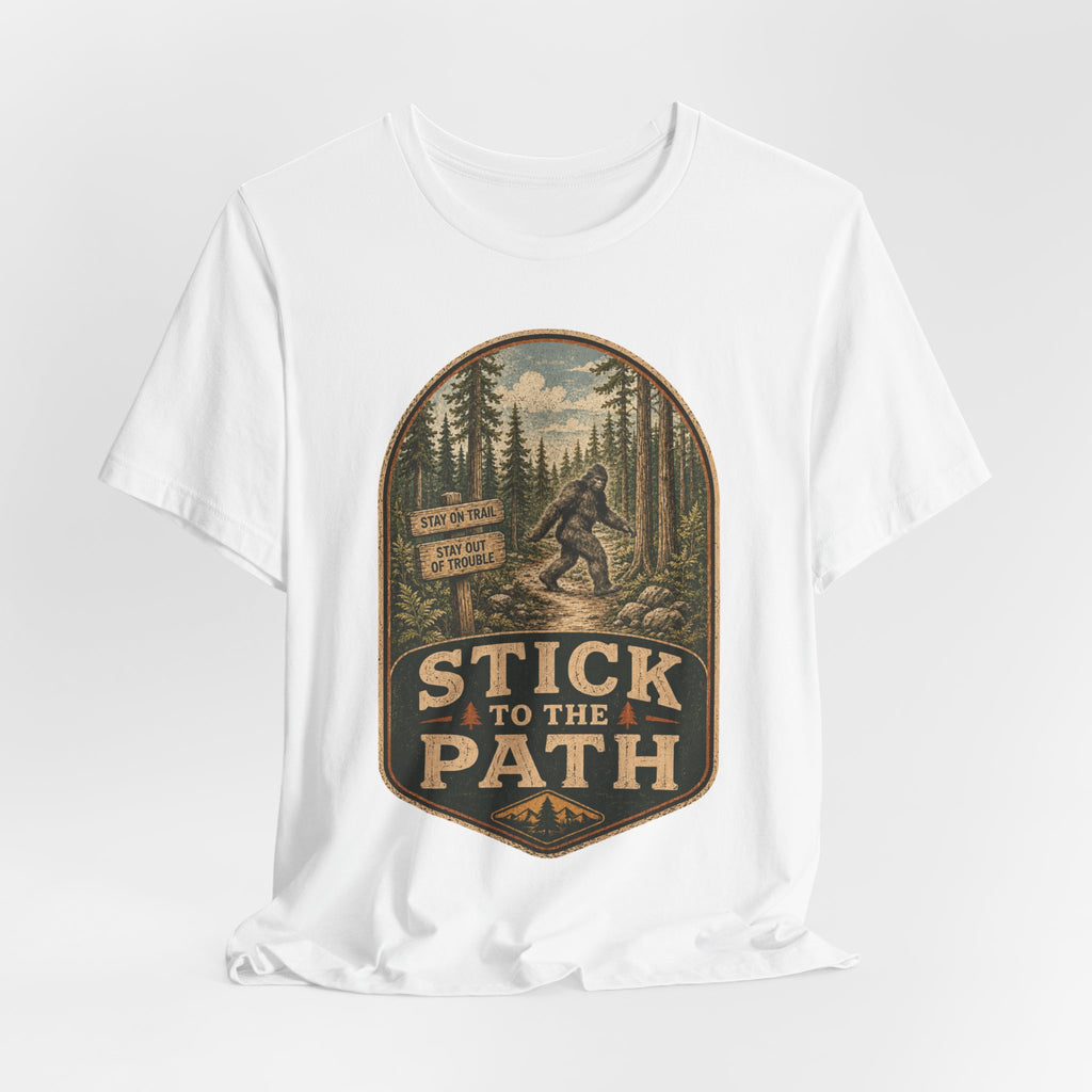Stick To The Path Bigfoot Tee in Black Heather - funny Sasquatch path hiking shirt, Barely Outdoorsy Bella Canvas