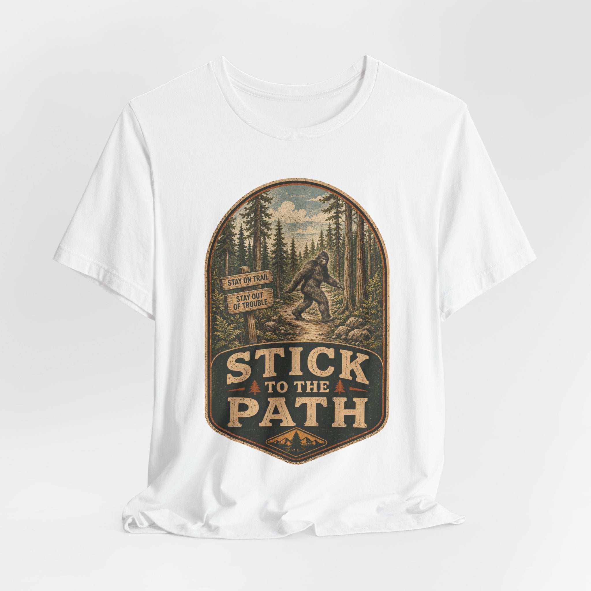 Stick To The Path Bigfoot Tee in Black Heather - funny Sasquatch path hiking shirt, Barely Outdoorsy Bella Canvas