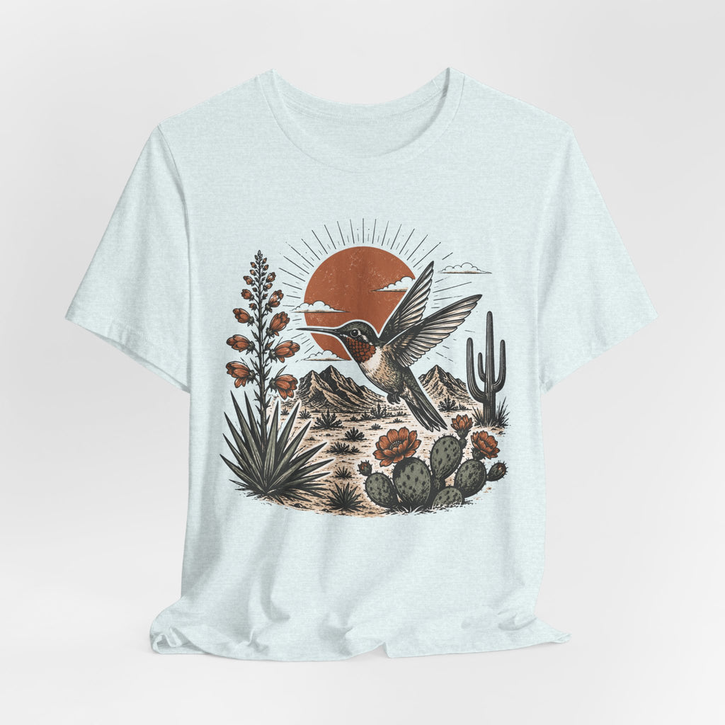 Sunset Hummingbird Desert Adventure T-Shirt in Heather Prism Lilac - hummingbird desert sunset graphic tee, Barely Outdoorsy