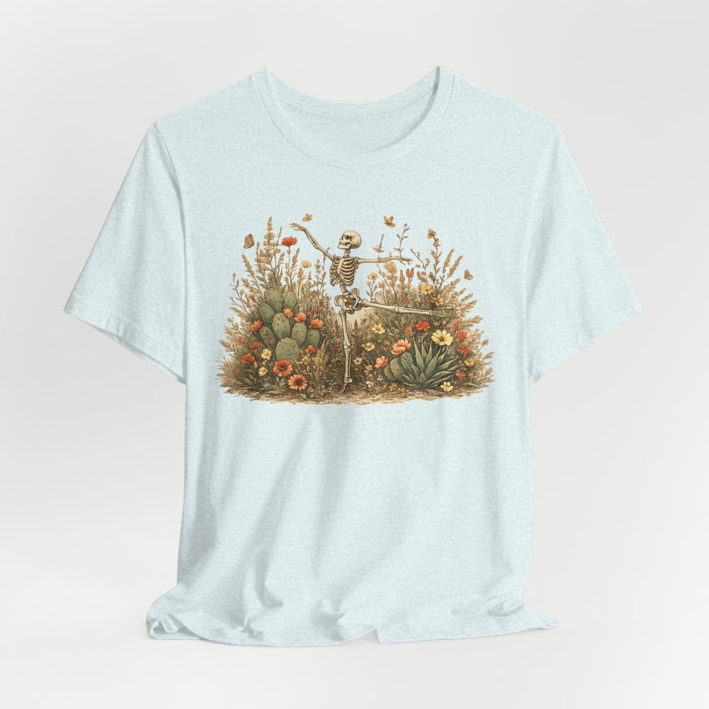 Dancing Skeleton Desert Wildflower T-Shirt in Black - boho botanical skeleton desert wildflower graphic tee, Barely Outdoorsy Bella Canvas 3001