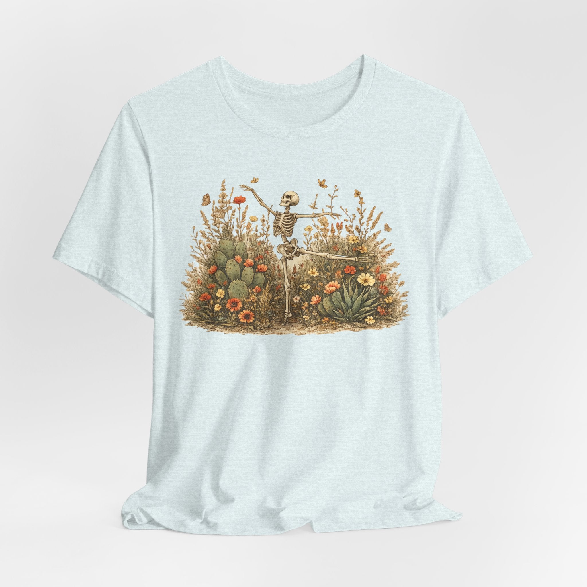 Dancing Skeleton Desert Wildflower T-Shirt in Black - boho botanical skeleton desert wildflower graphic tee, Barely Outdoorsy Bella Canvas 3001