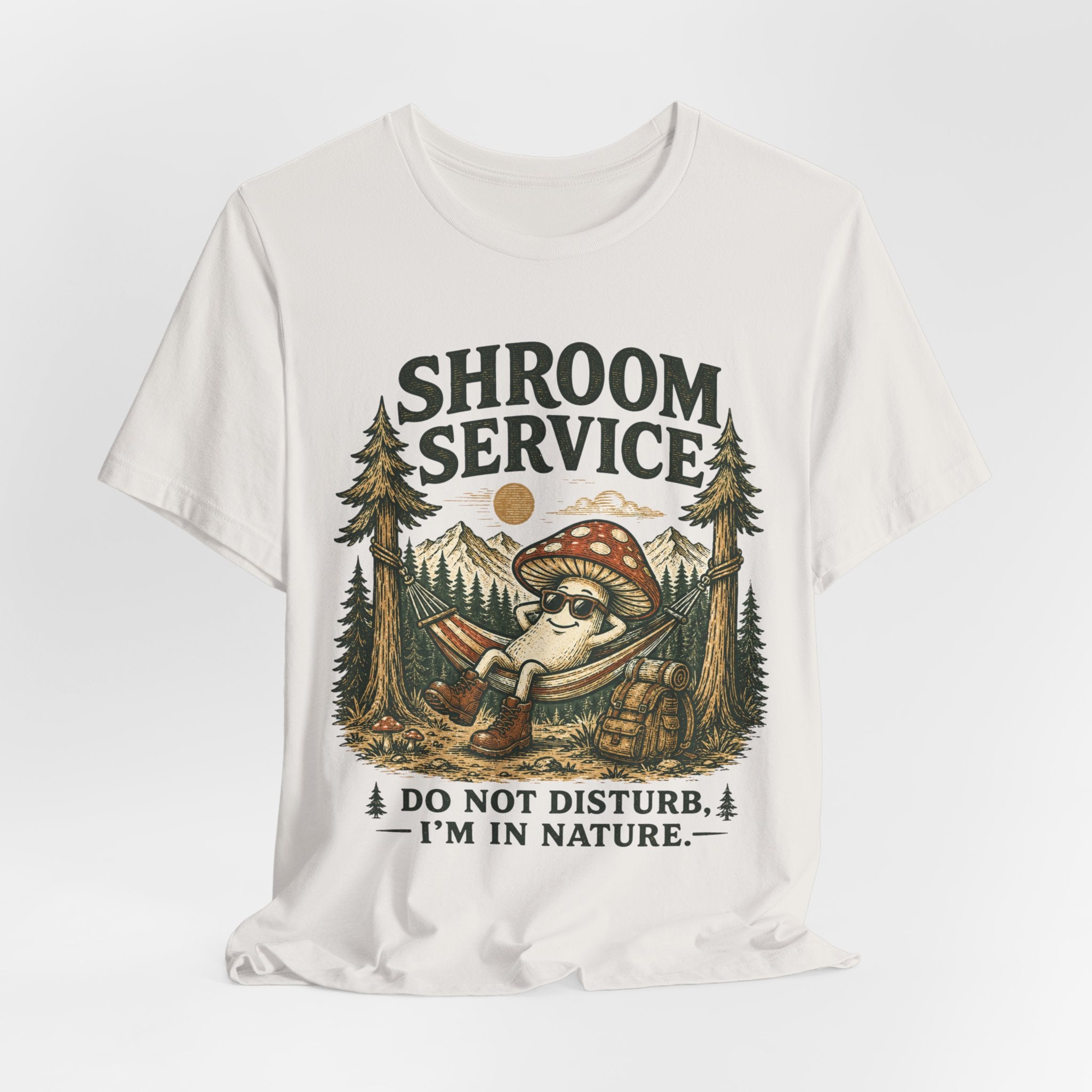 Shroom Service Tee in Steel Blue - mushroom sunglasses hammock relax shirt, Barely Outdoorsy Bella Canvas