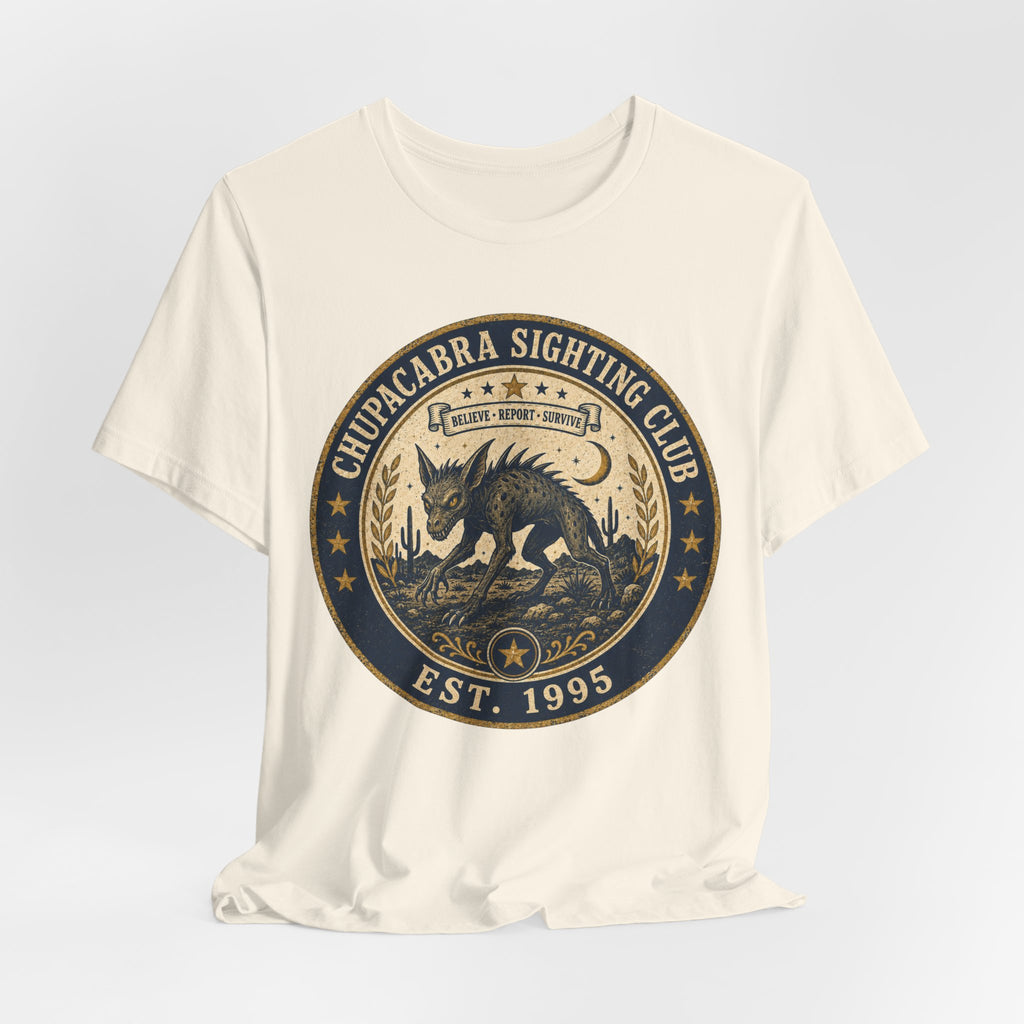 Chupacabra Sighting Club Tee in Navy - Believe Report Survive cryptid humor shirt, Barely Outdoorsy