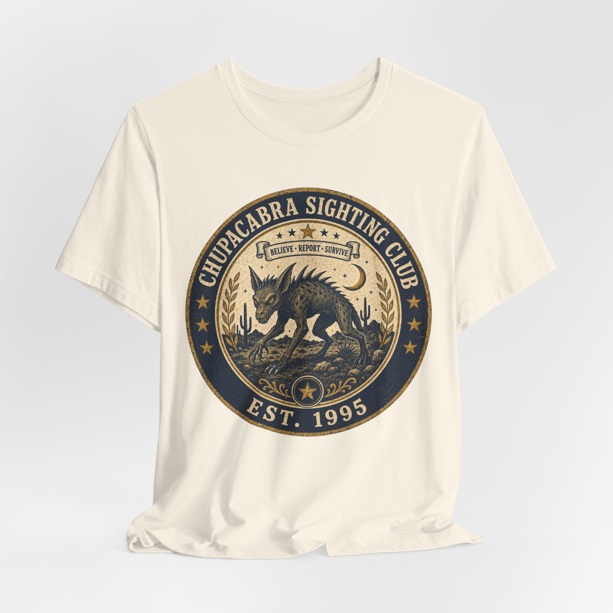 Chupacabra Sighting Club Tee in Navy - Believe Report Survive cryptid humor shirt, Barely Outdoorsy