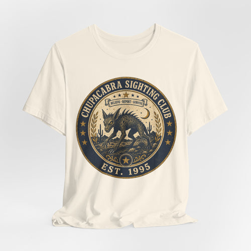 Chupacabra Sighting Club Tee in Navy - Believe Report Survive cryptid humor shirt, Barely Outdoorsy